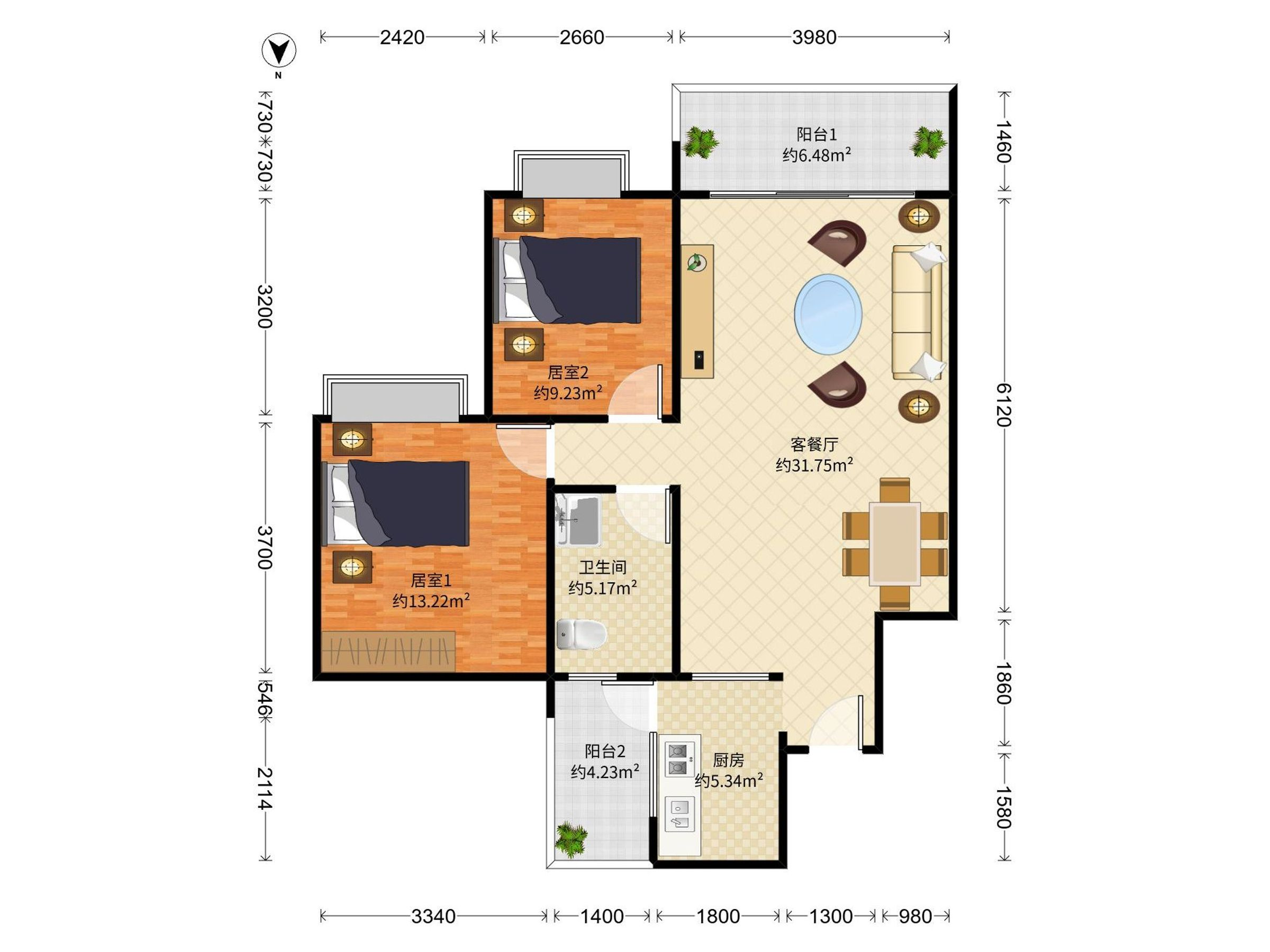 凯旋国际 2房2厅1卫 92.82㎡