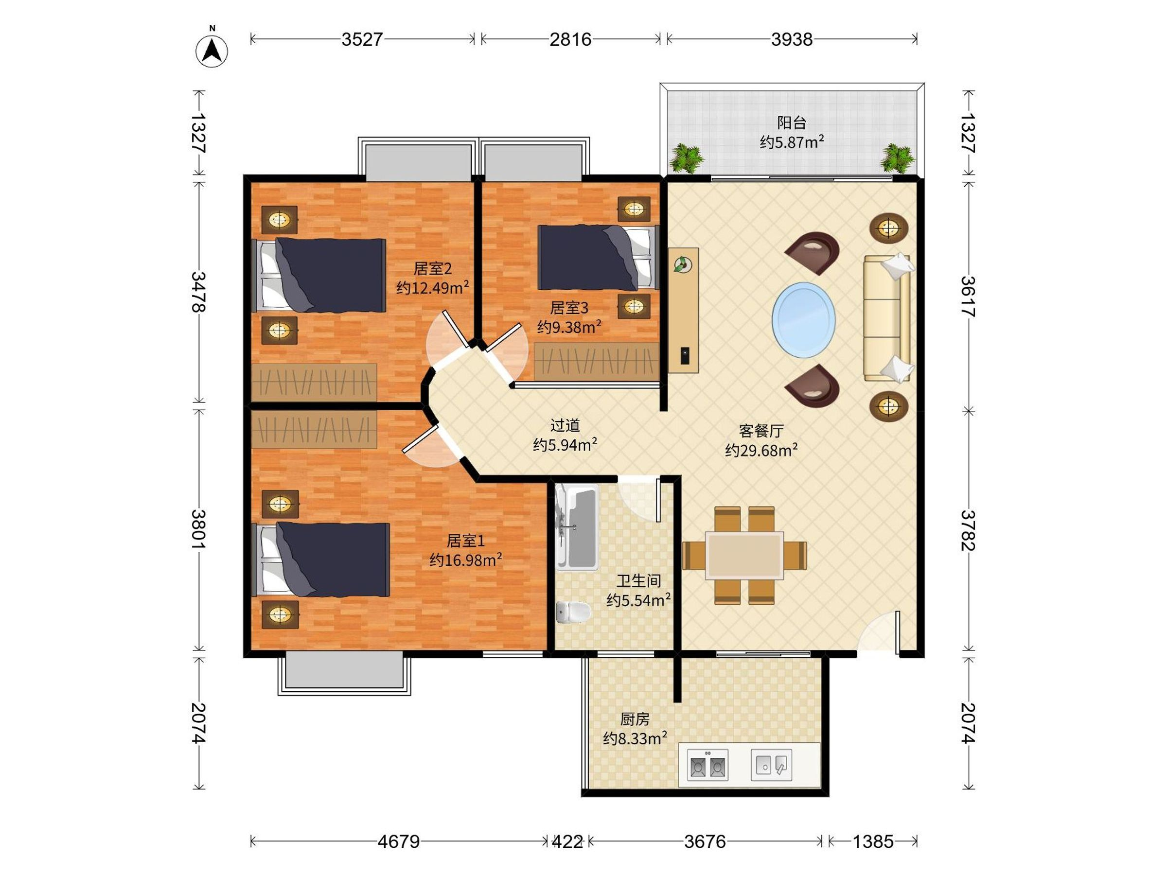 桃源居3区 3房2厅1卫 106.8㎡