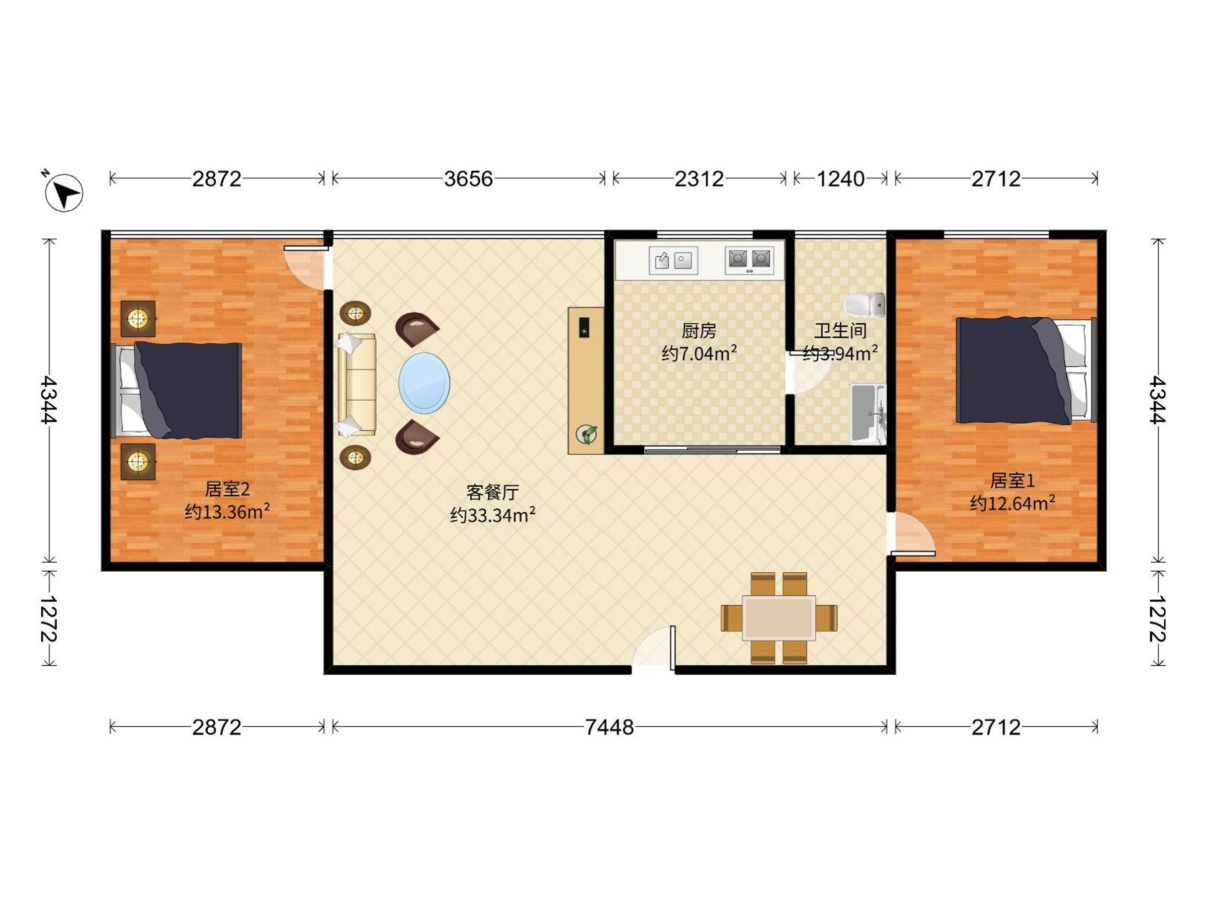 兴港花园 2房2厅1卫 83.49㎡