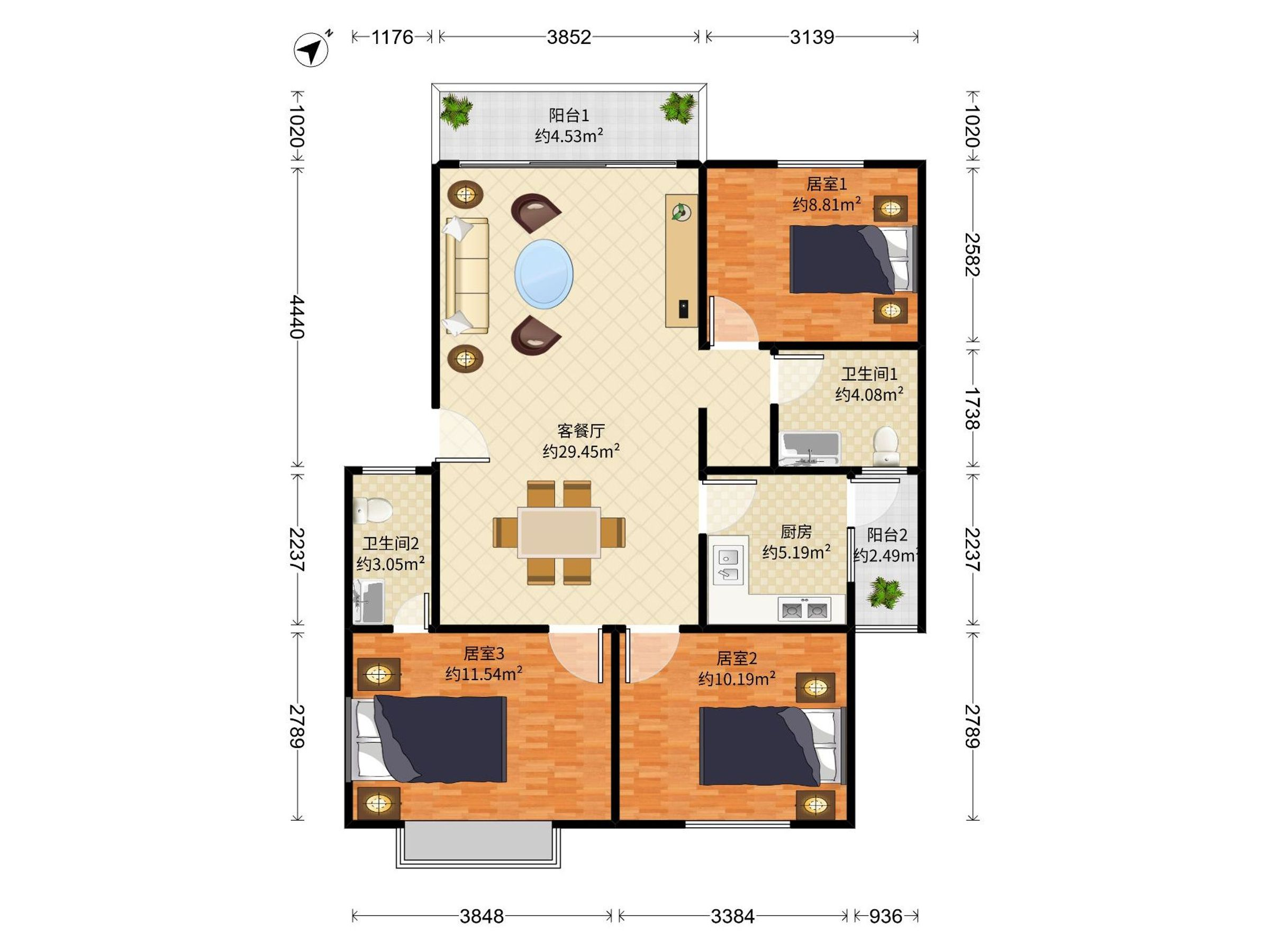 潜龙花园 3房2厅2卫 85.88㎡