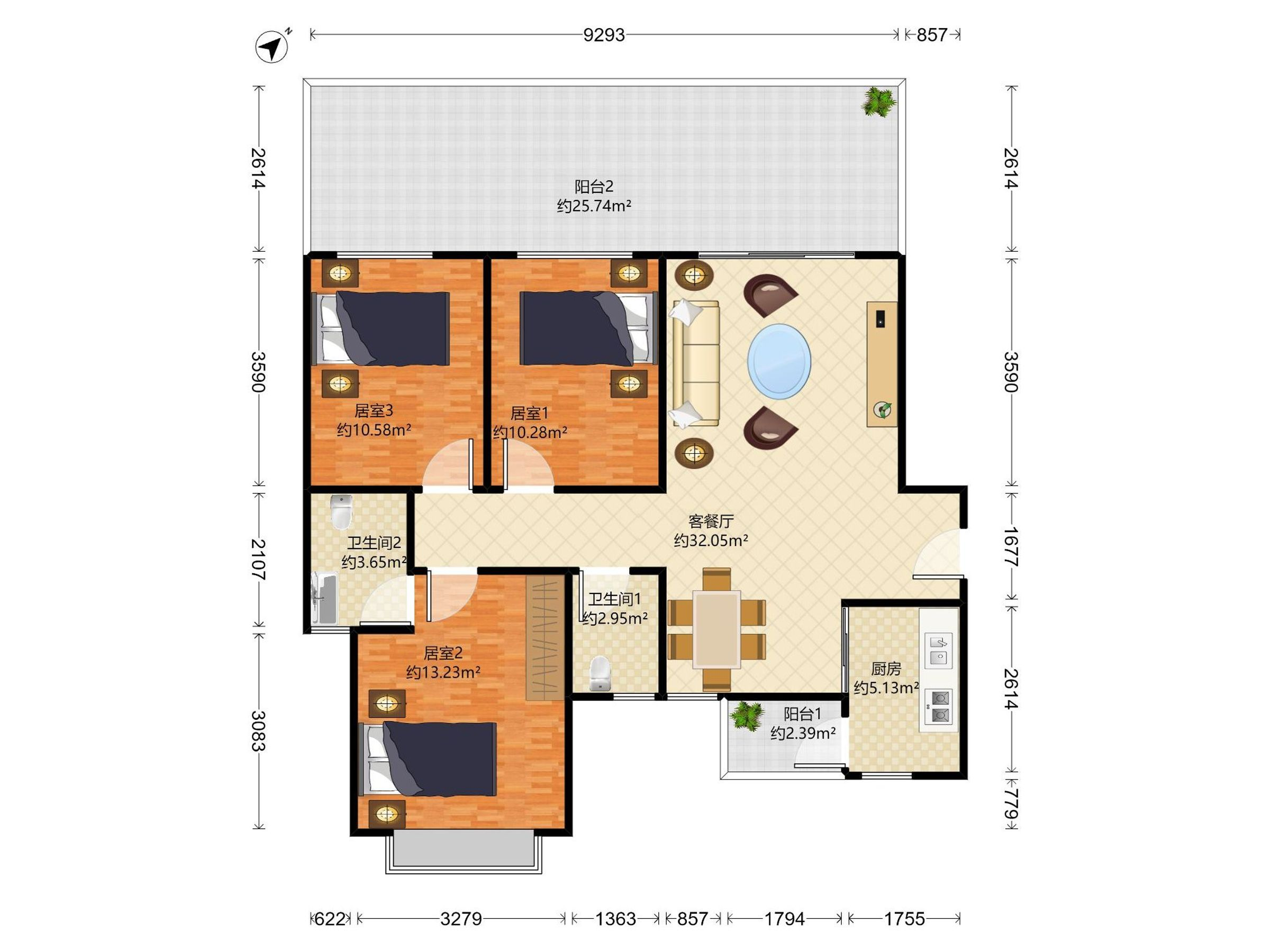 中海怡美山庄 3房2厅2卫 90.73㎡