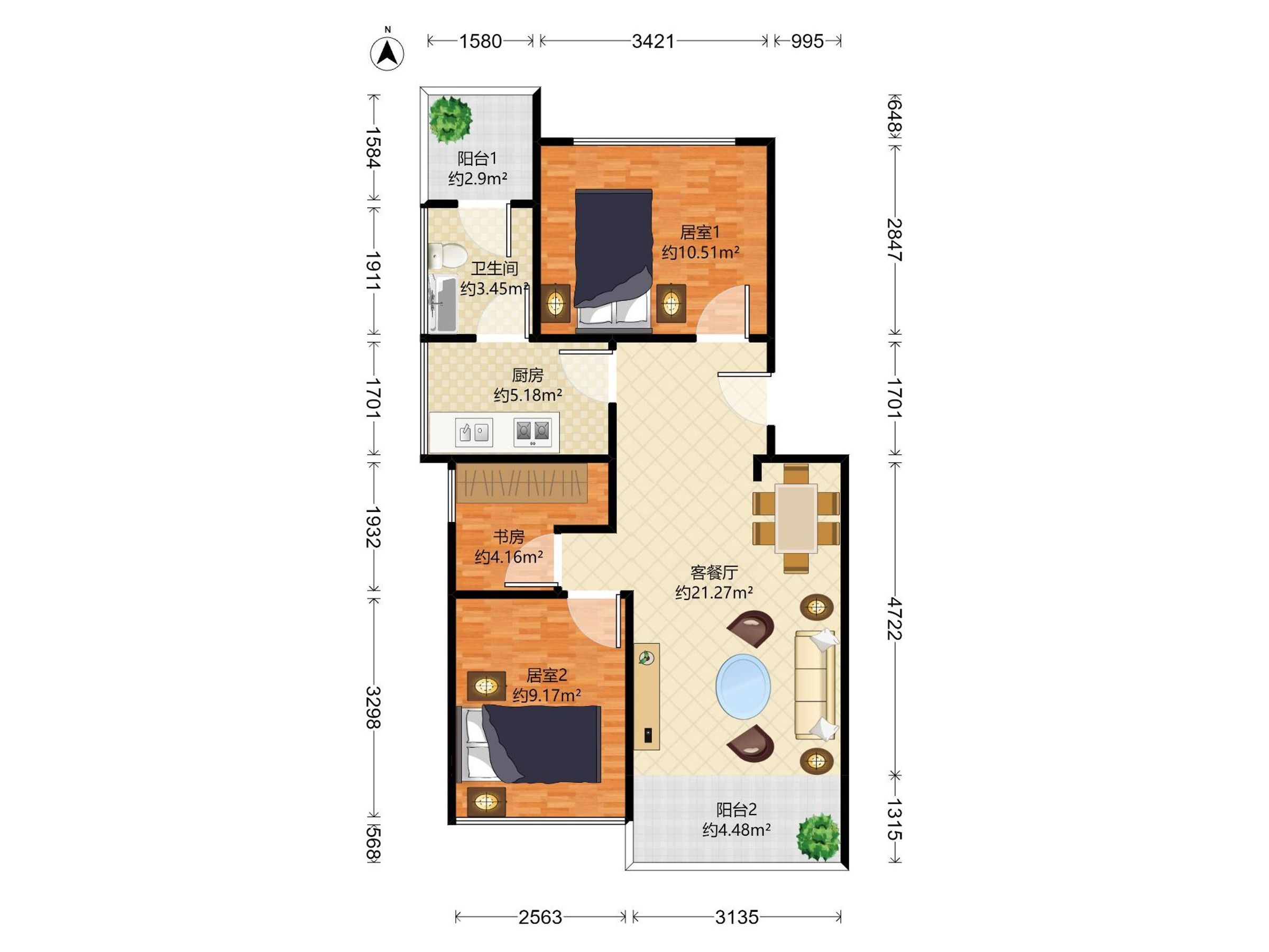 梅园新村 3房2厅1卫 66.98㎡