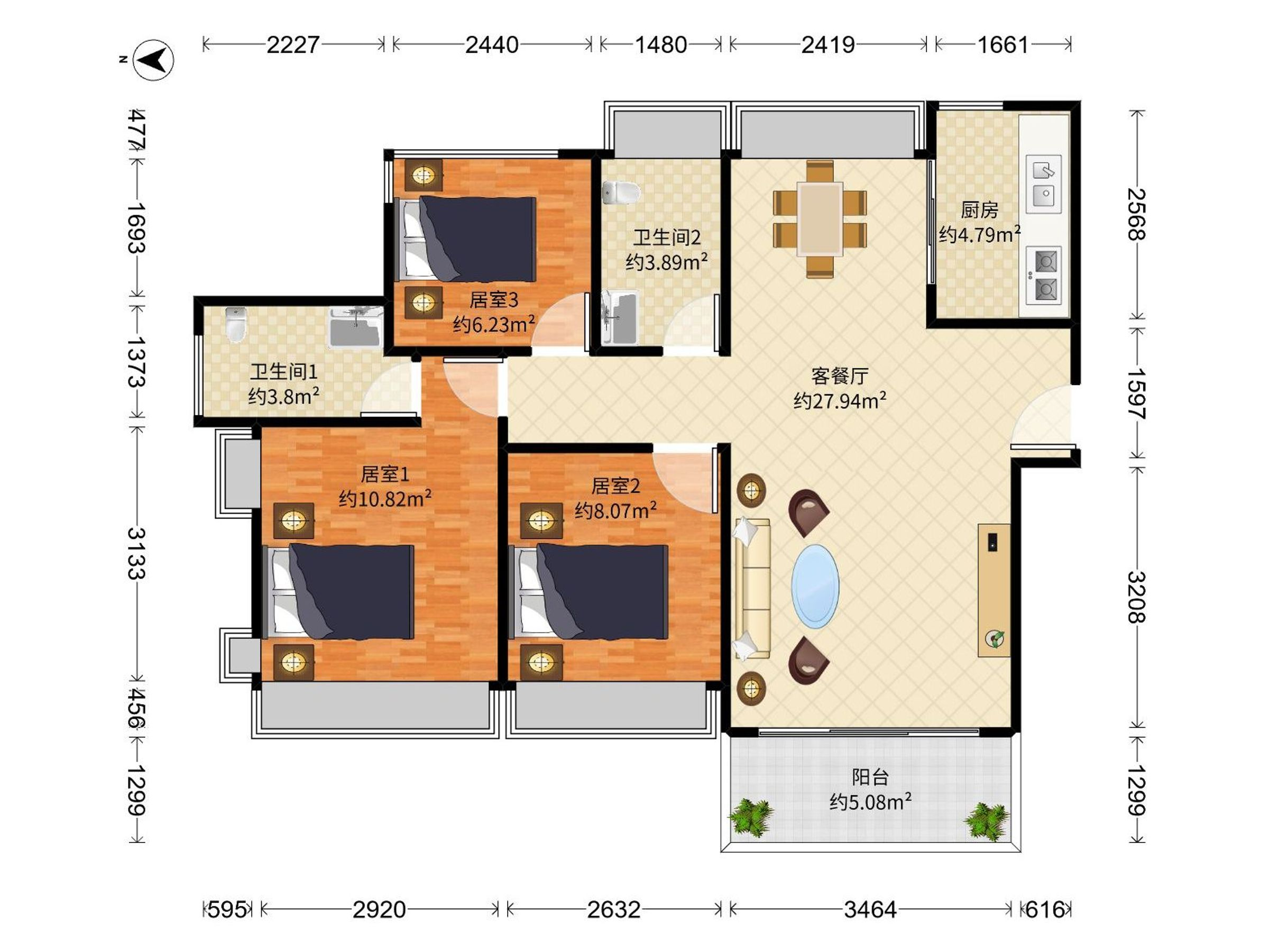 丁山河畔花园 3房2厅2卫 84.38㎡