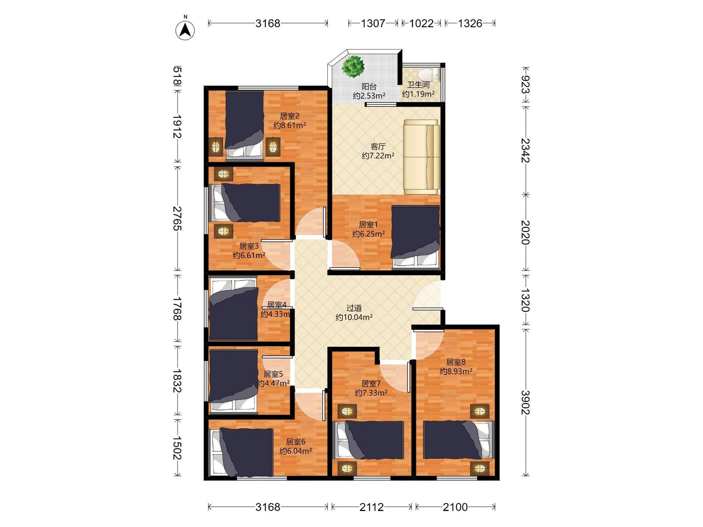 嘉福苑 8房1厅1卫 99.72㎡