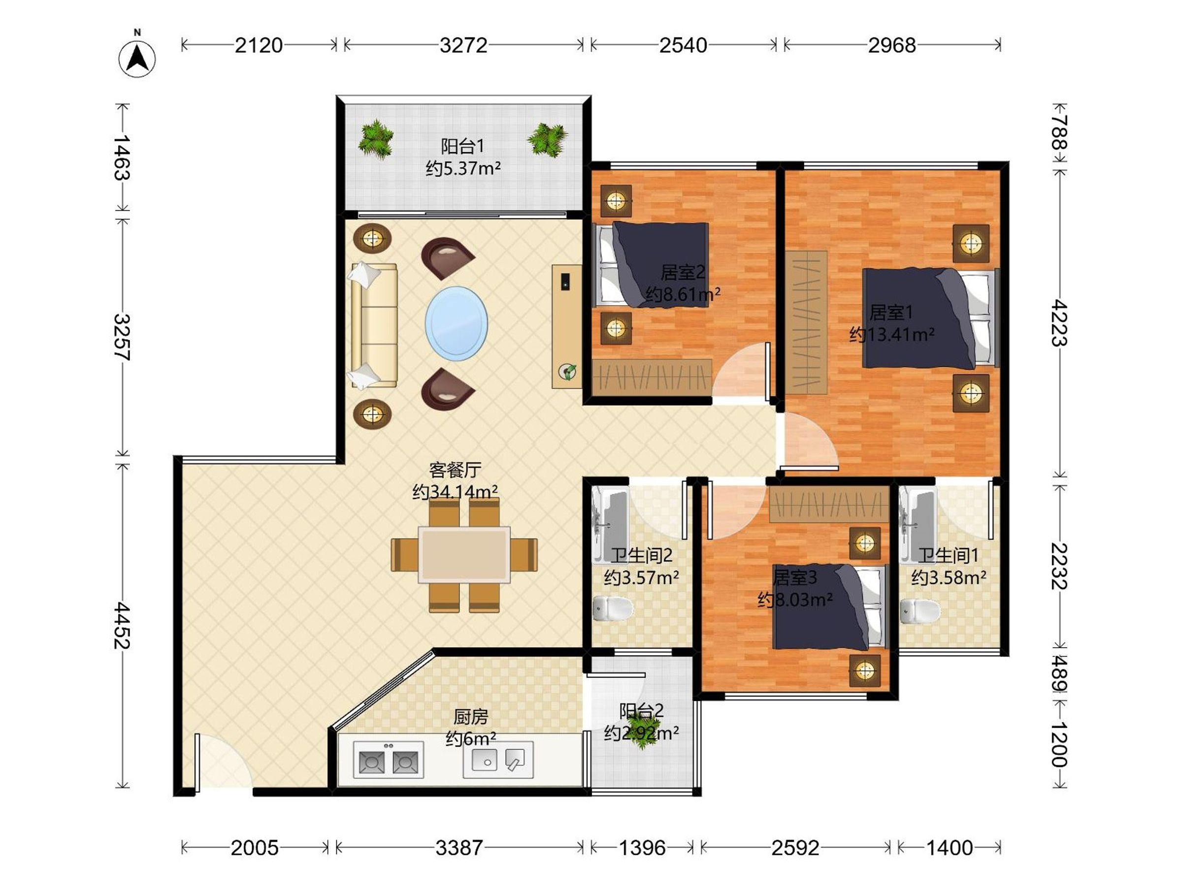 利信花园 3房2厅2卫 95.91㎡