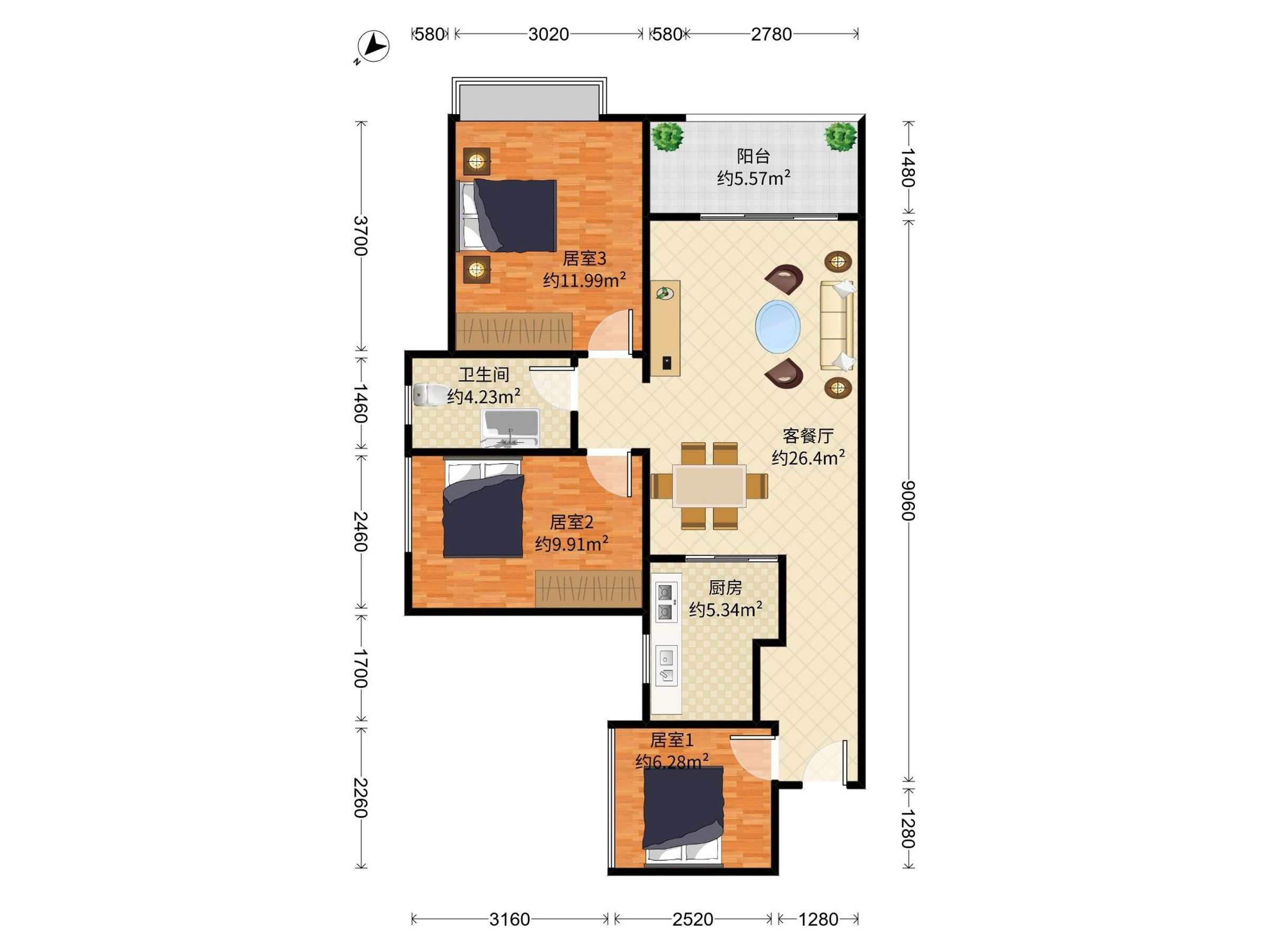 万科金域蓝湾 3房2厅1卫 86㎡