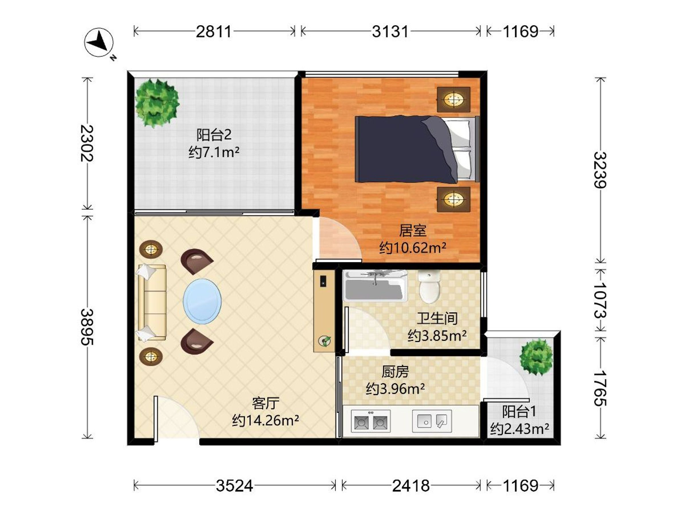 里程花园 北 精装 1室 1厅 