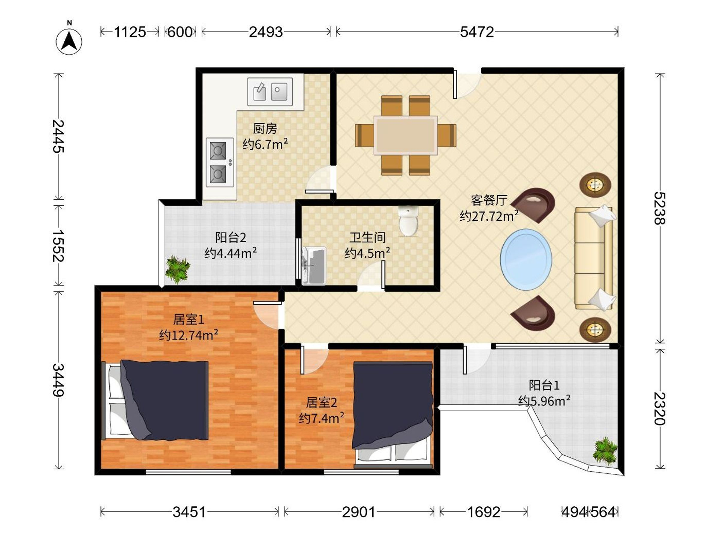 美景大厦 2房2厅1卫 88.98㎡