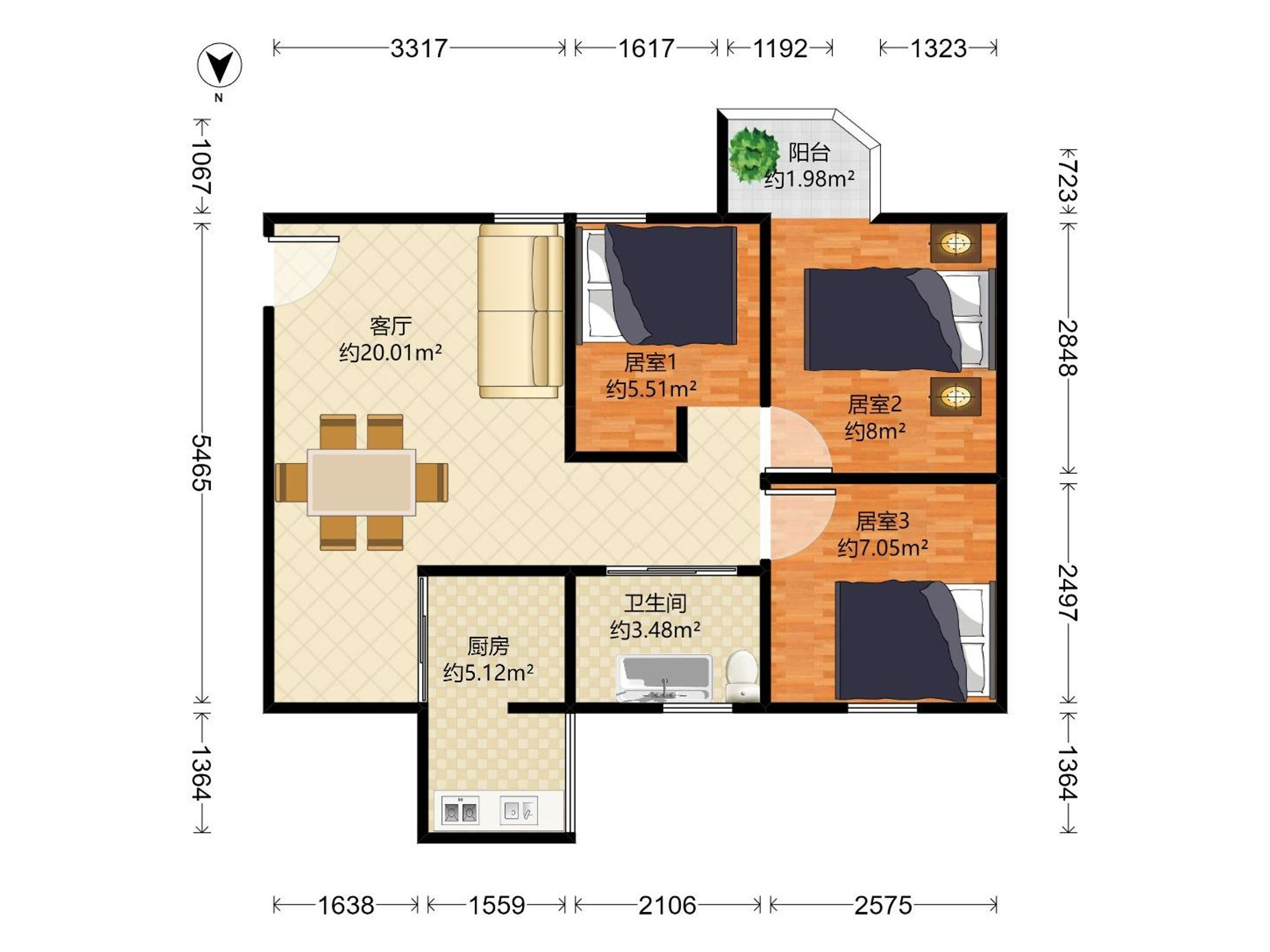 海丽大厦 3房2厅1卫 80.47㎡