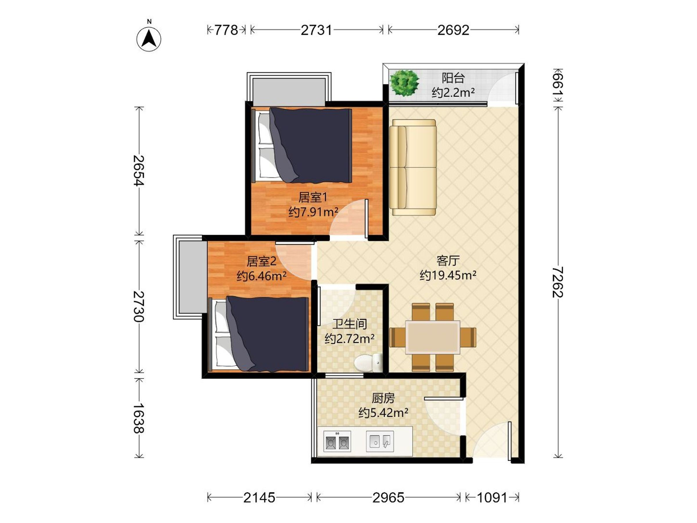 金怡华庭北精装2室1厅60.46平方米