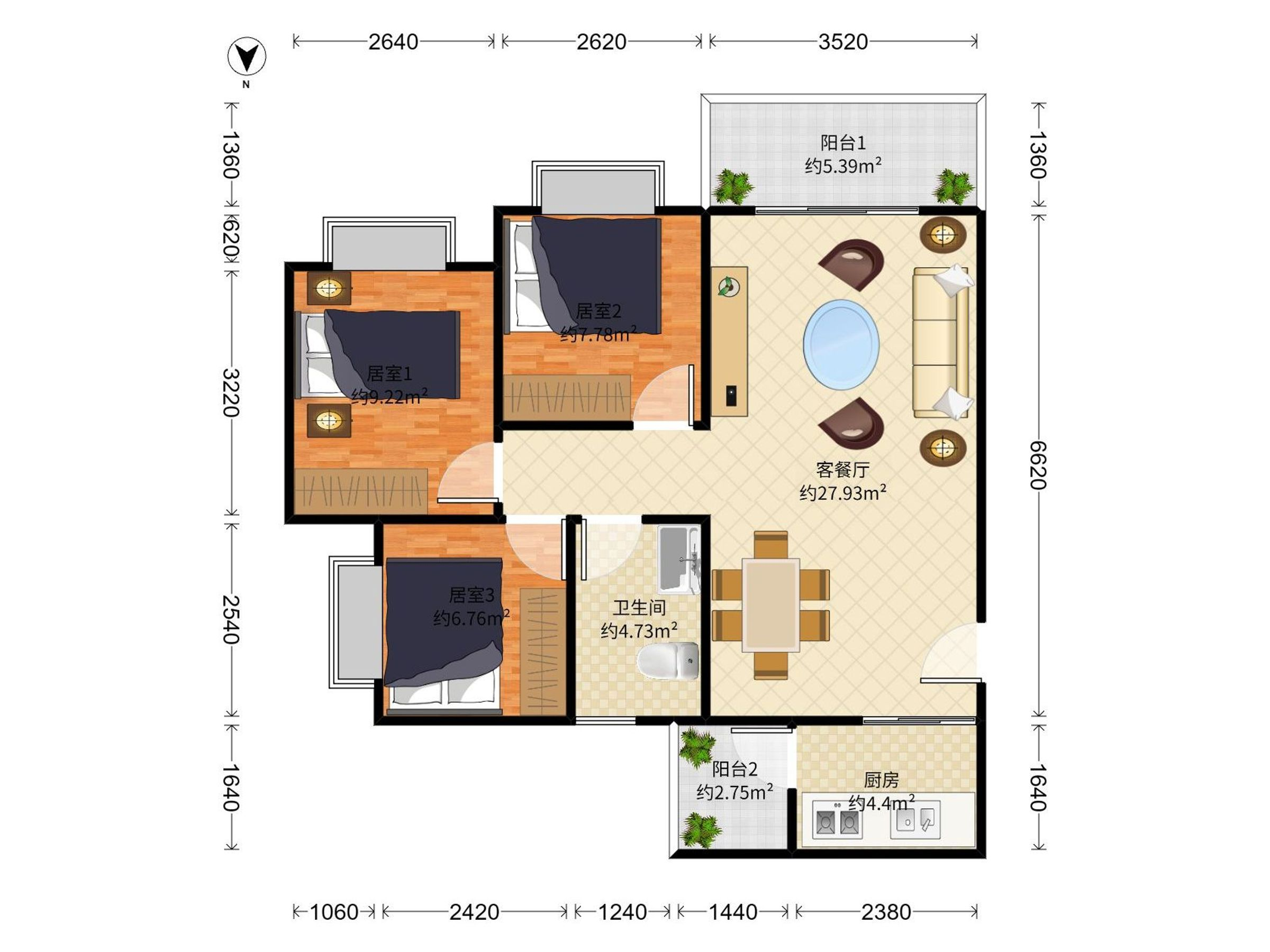 映翠豪庭三期 3房2厅1卫 84.93㎡