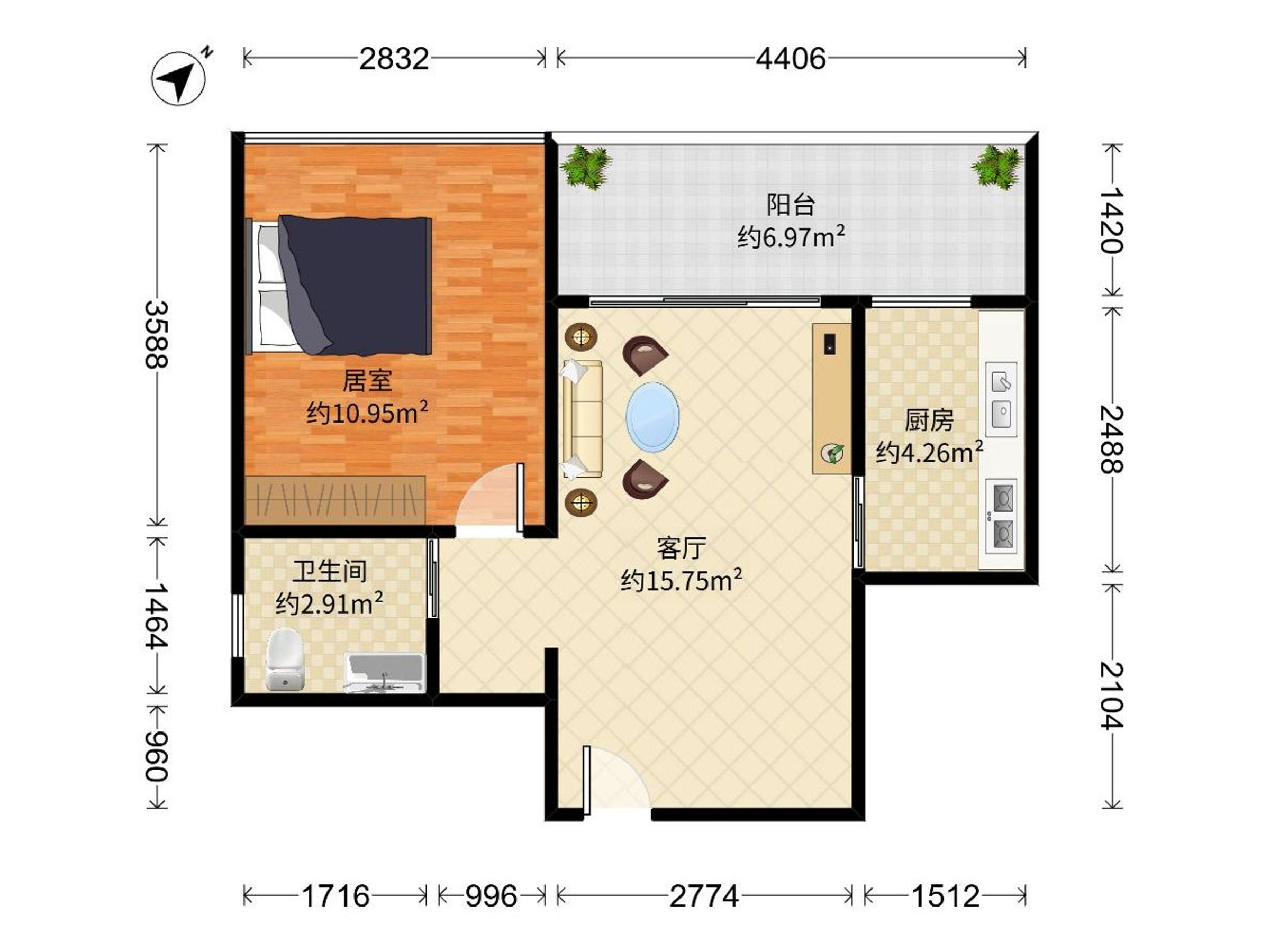 宝安海滨城广场（三期） 1房1厅1卫 47.77㎡