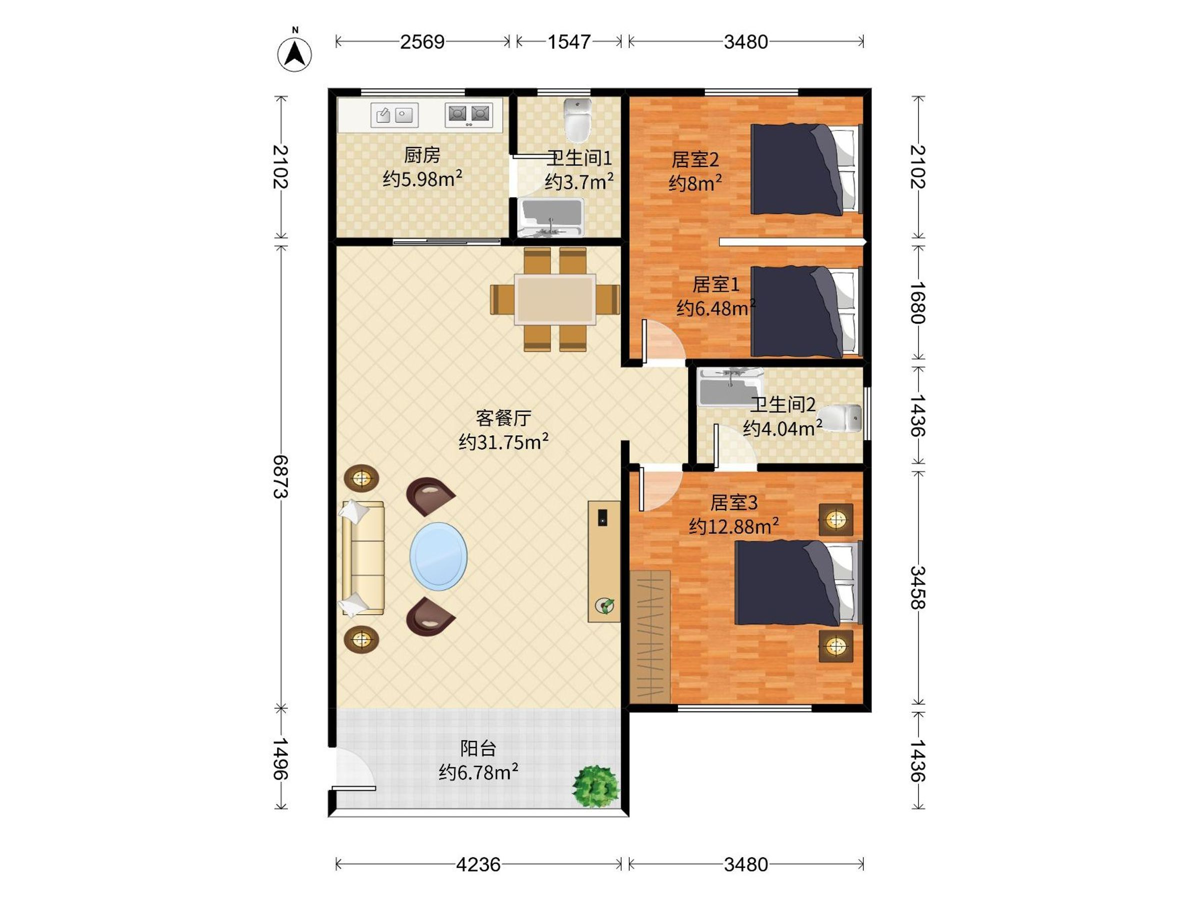 兴港花园 3房2厅2卫 84.06㎡