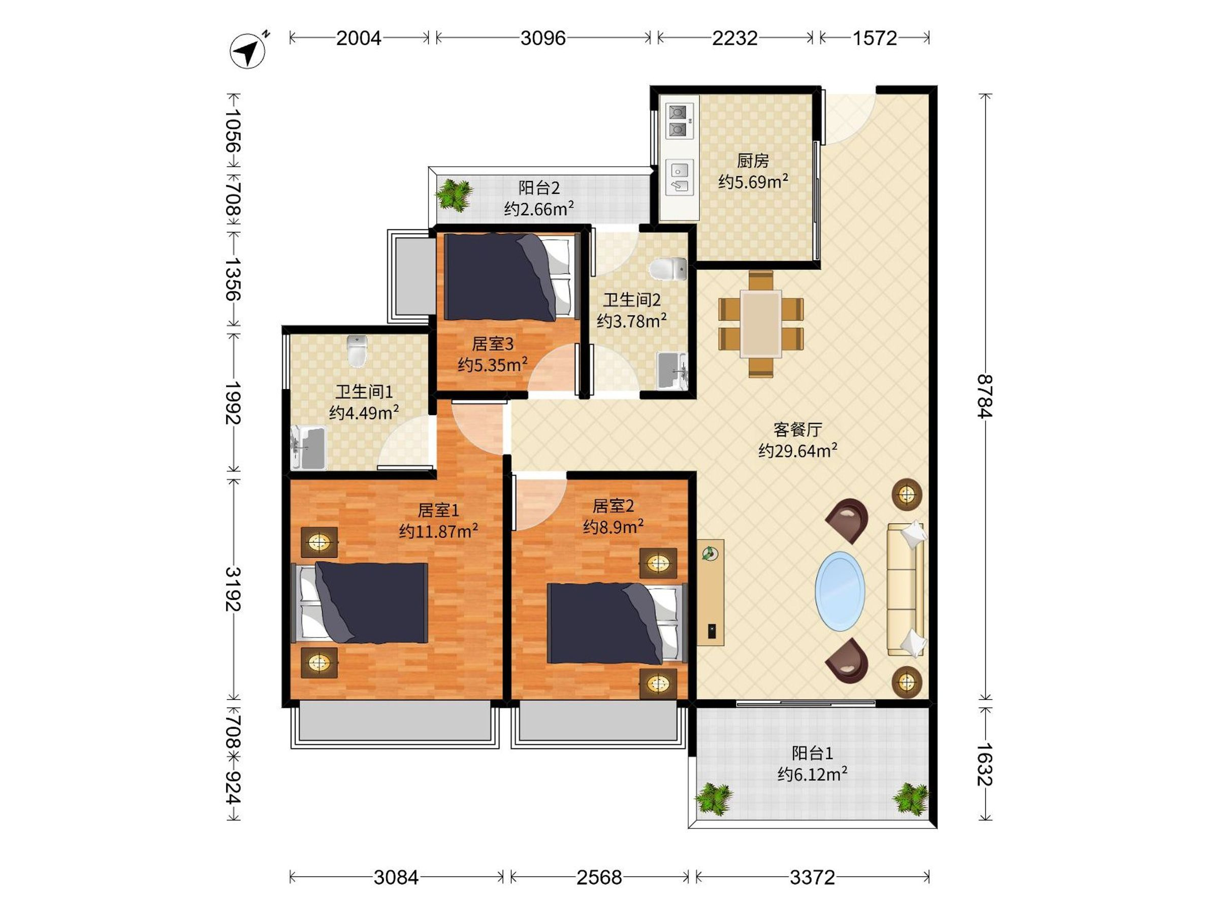 中海阳光橡树园 3房2厅2卫 91.61㎡