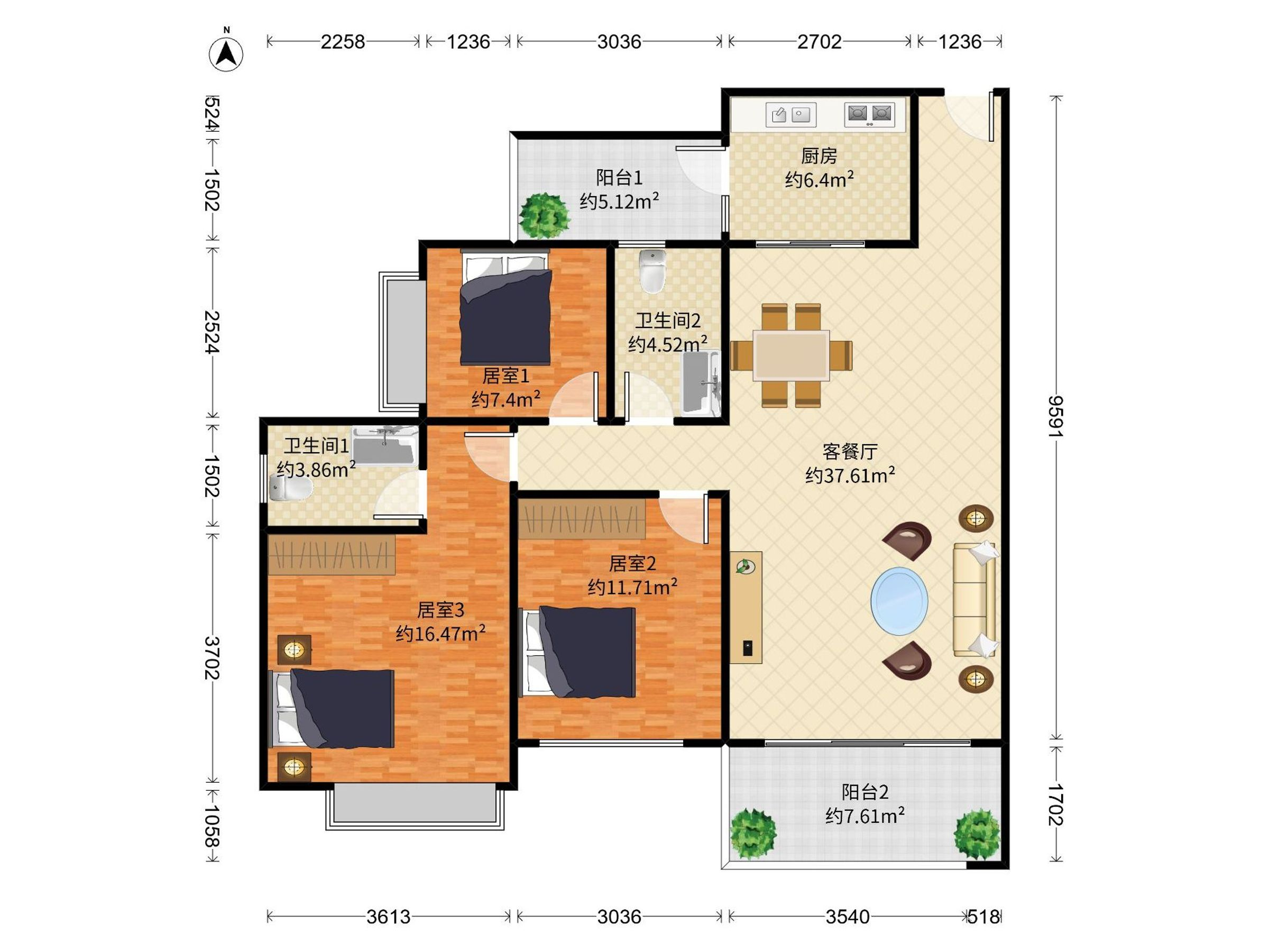 正和中州 3房2厅2卫 125㎡