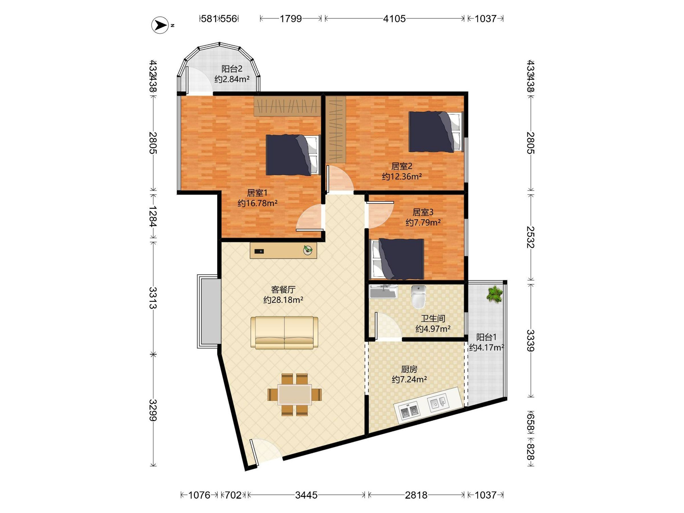 滨河新村 3房2厅1卫 88.82㎡