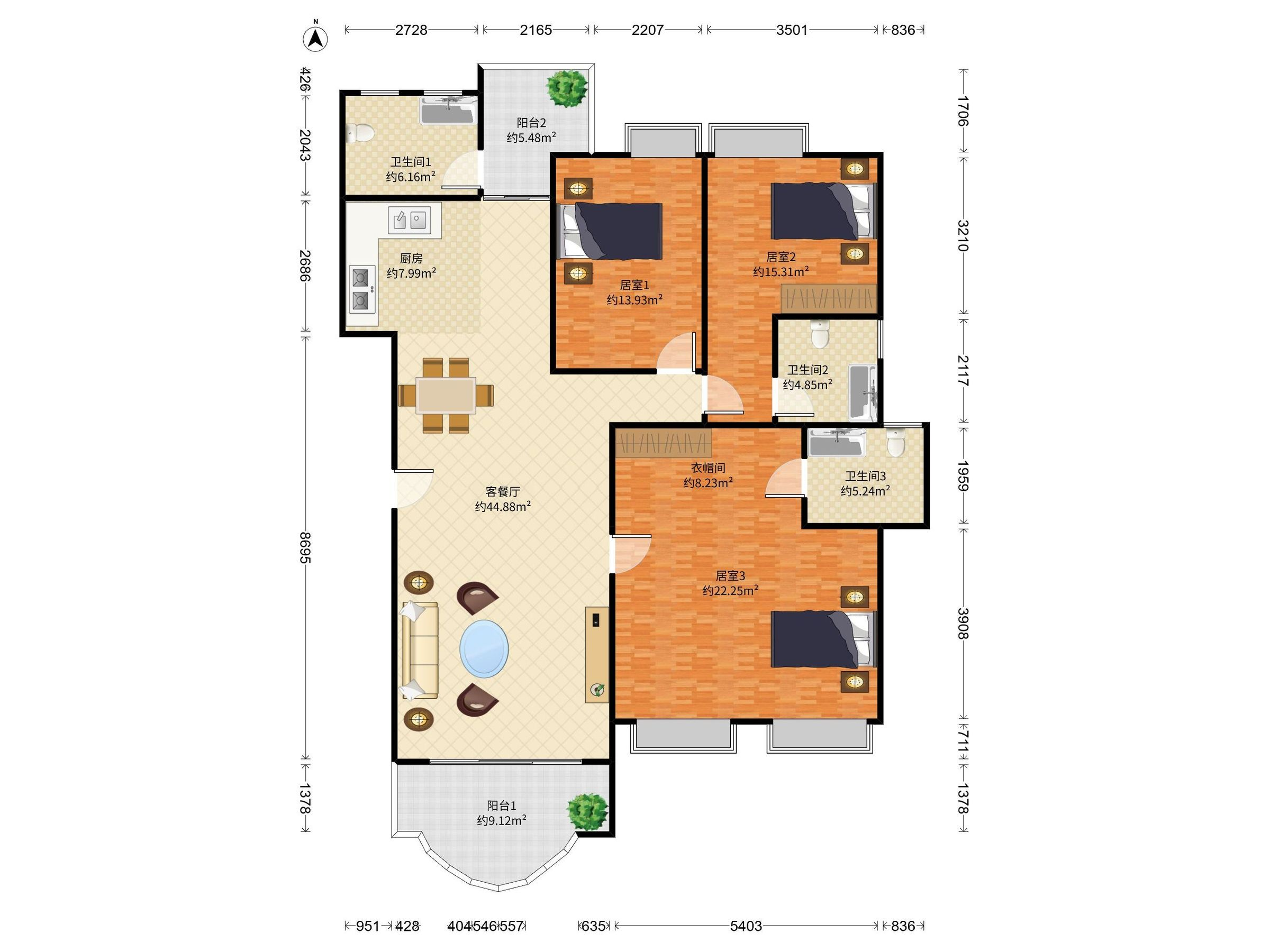 瑞河耶纳(汀兰鹭榭花园) 3房2厅3卫 166㎡