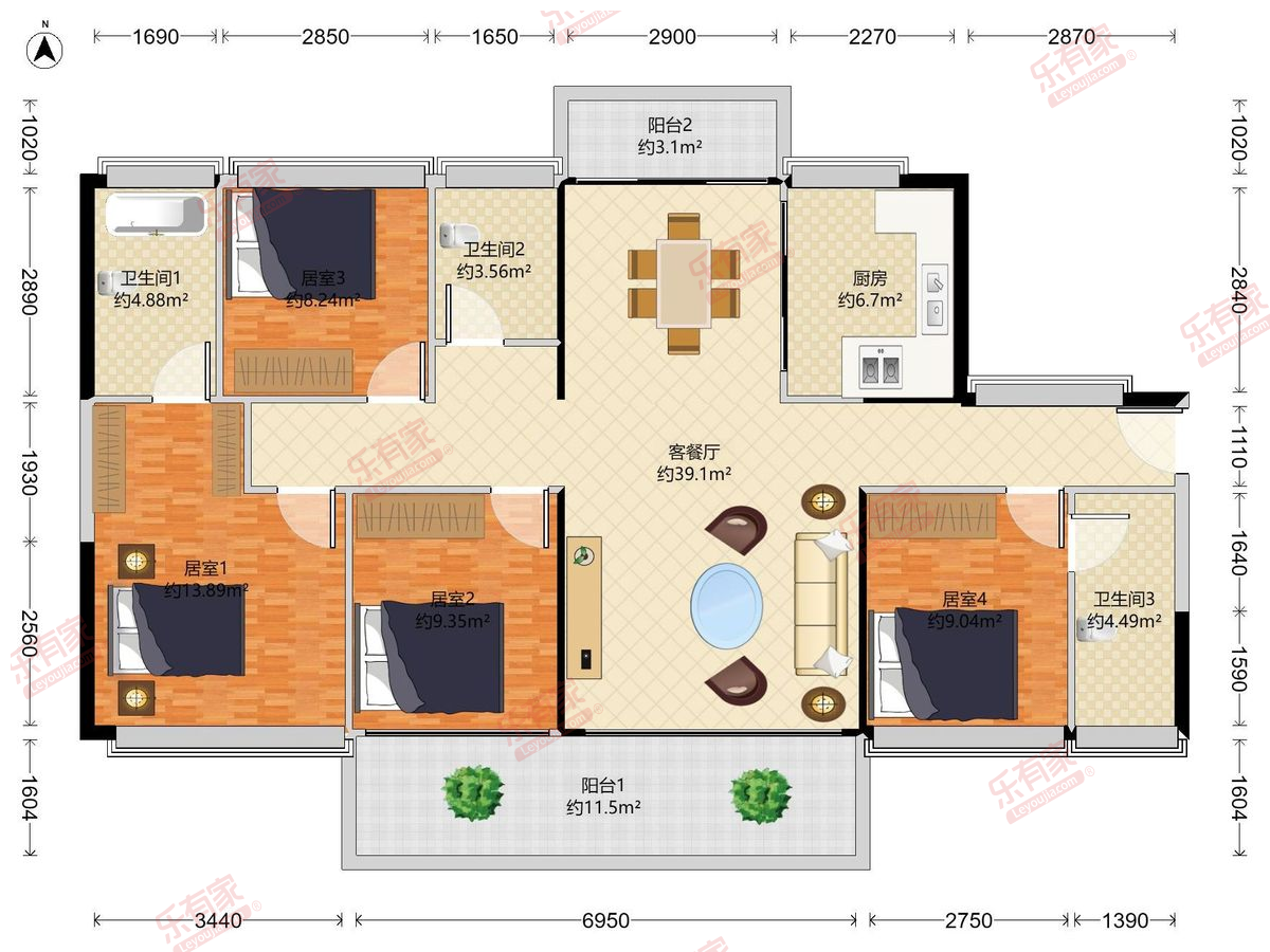 上群花园一期 4房2厅3卫1厨2阳143.0m² 南北