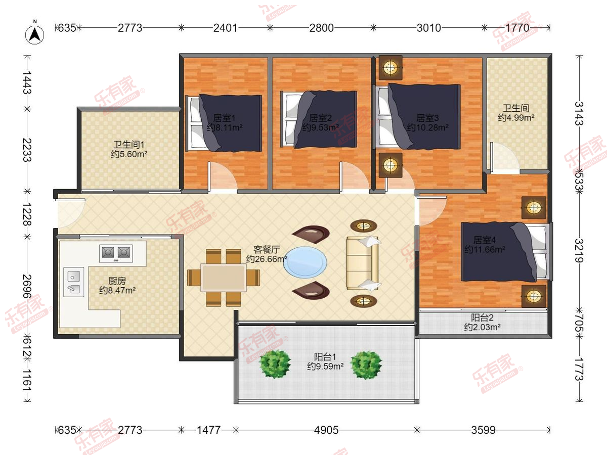 璟荟名庭 4房2厅2卫1厨2阳116.0m² 南