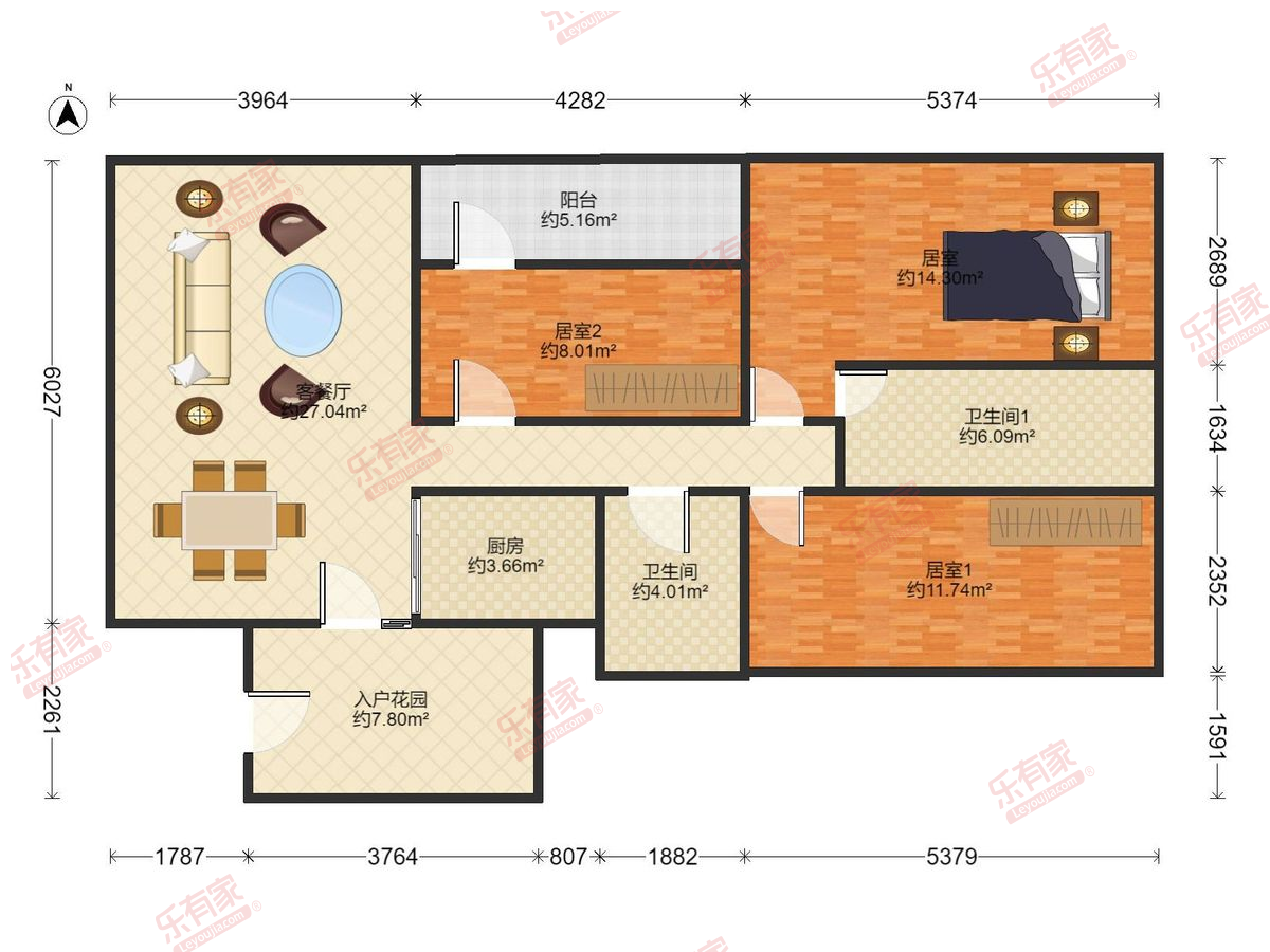 普君新城华府一期 3房2厅2卫 87.18㎡