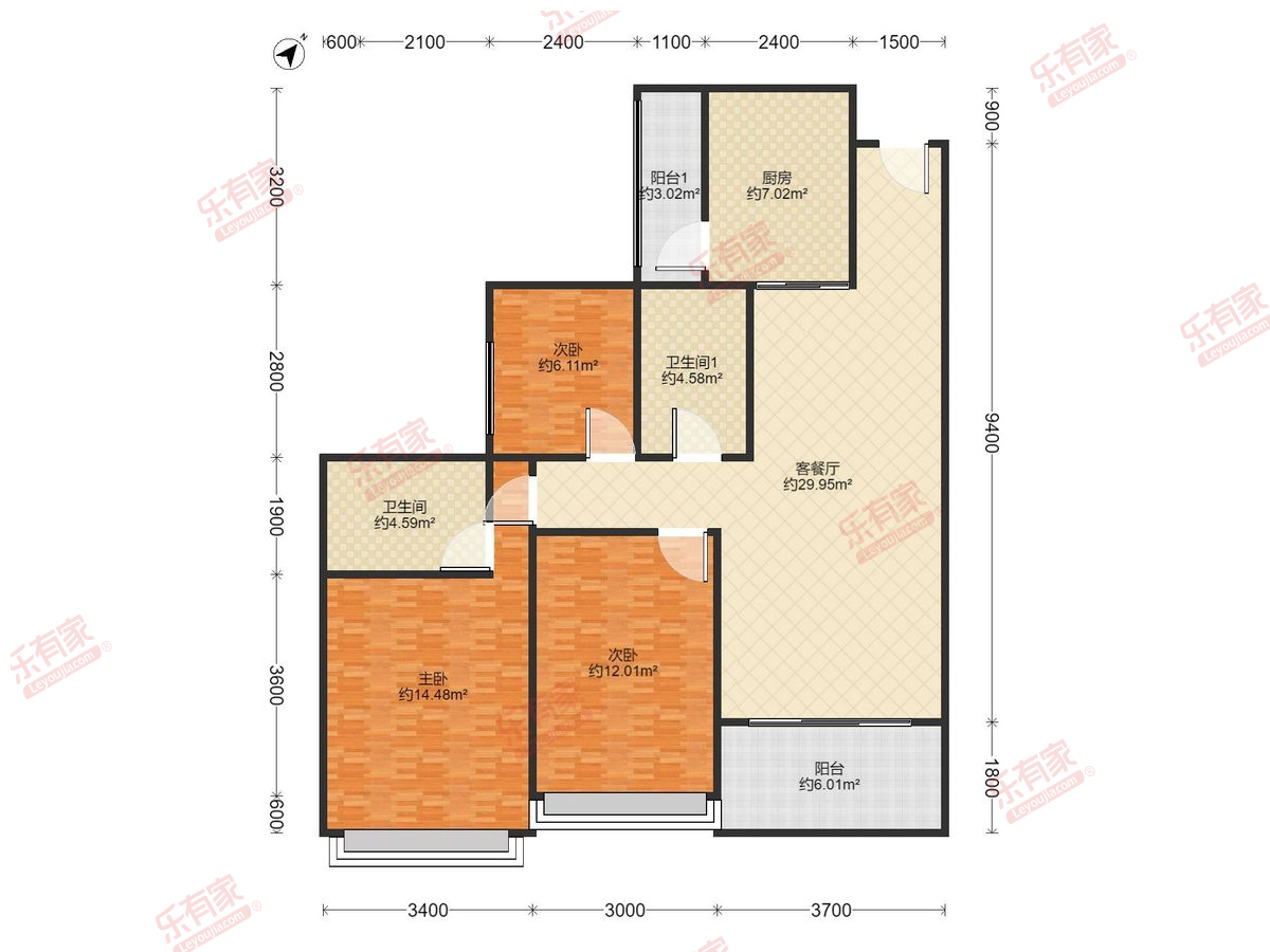 深业云筑 3房2厅2卫1厨2阳98.0m² 东南