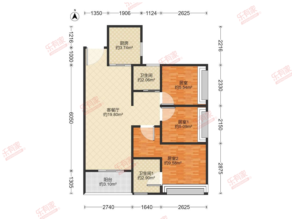 澜汇云庭花园 3房2厅2卫1厨1阳103.0m² 西南