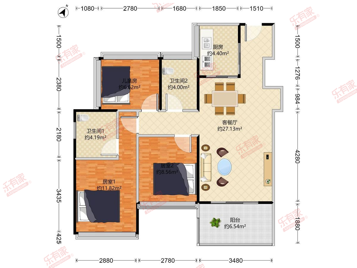 潮樾府 3房2厅2卫1厨1阳93.0m² 东南