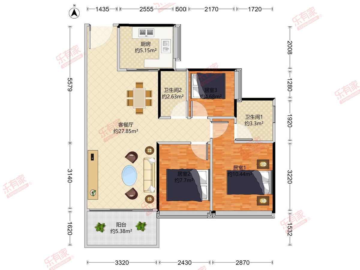 上群花园一期 3房2厅2卫1厨1阳89.0m² 南