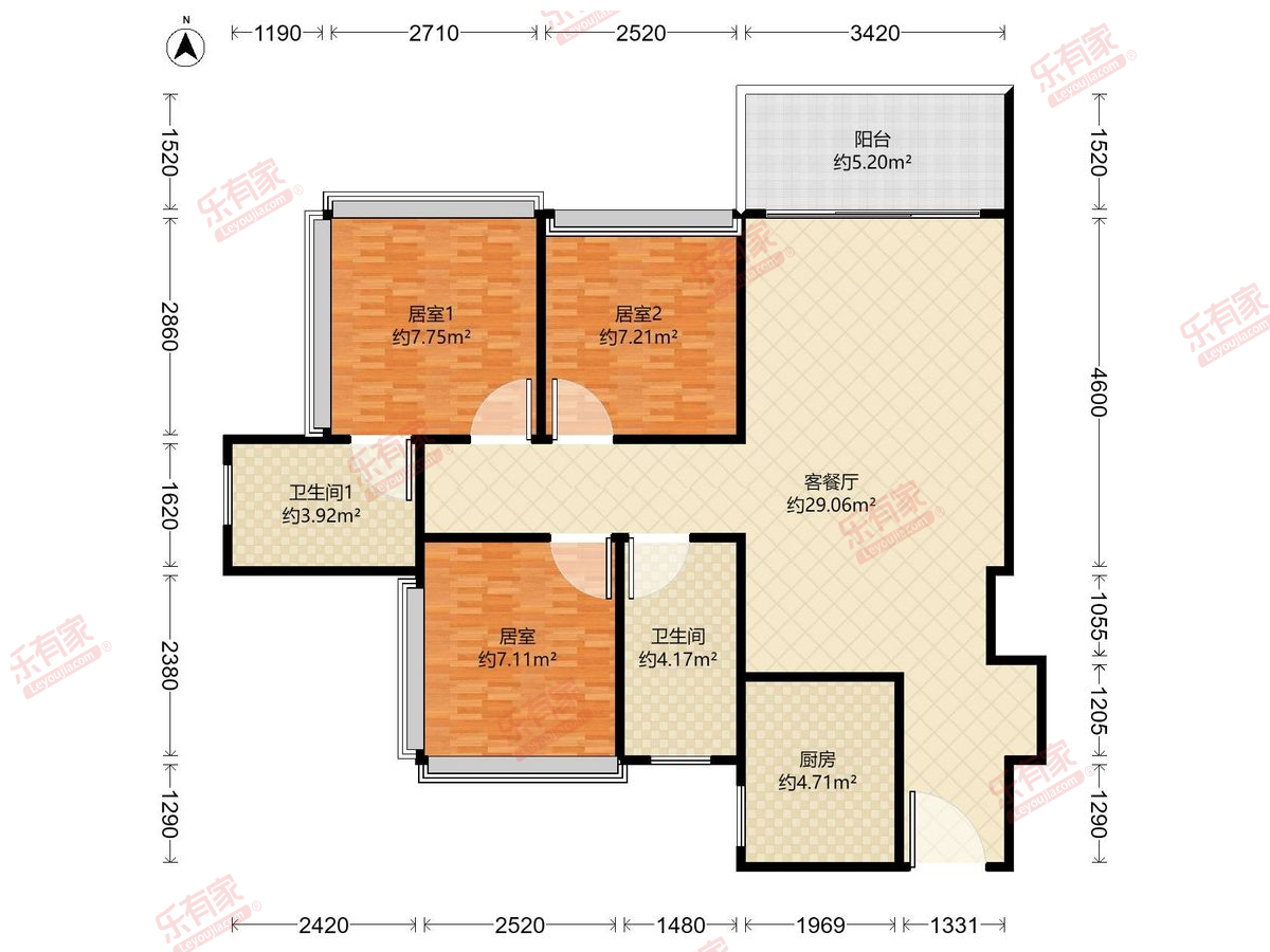 珑悦理家园 3房2厅2卫1厨1阳88.0m² 北