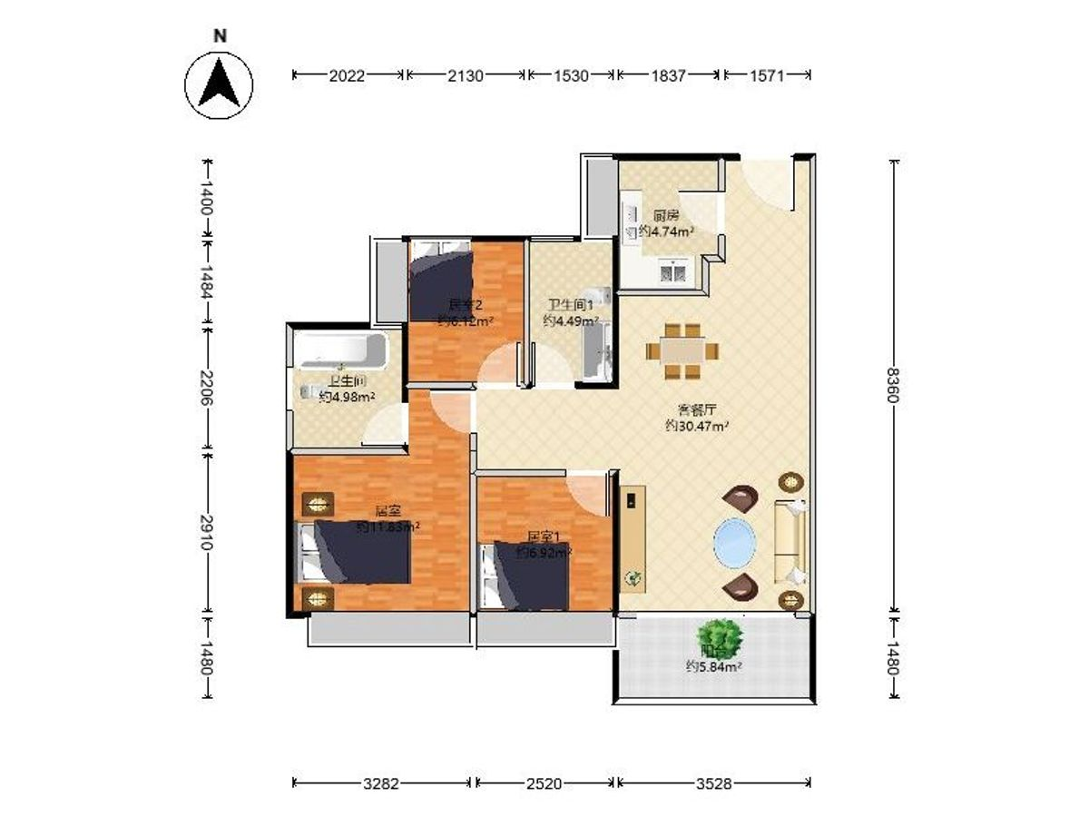 伟城贤德瑞府 3房2厅2卫1厨1阳91.0m² 南