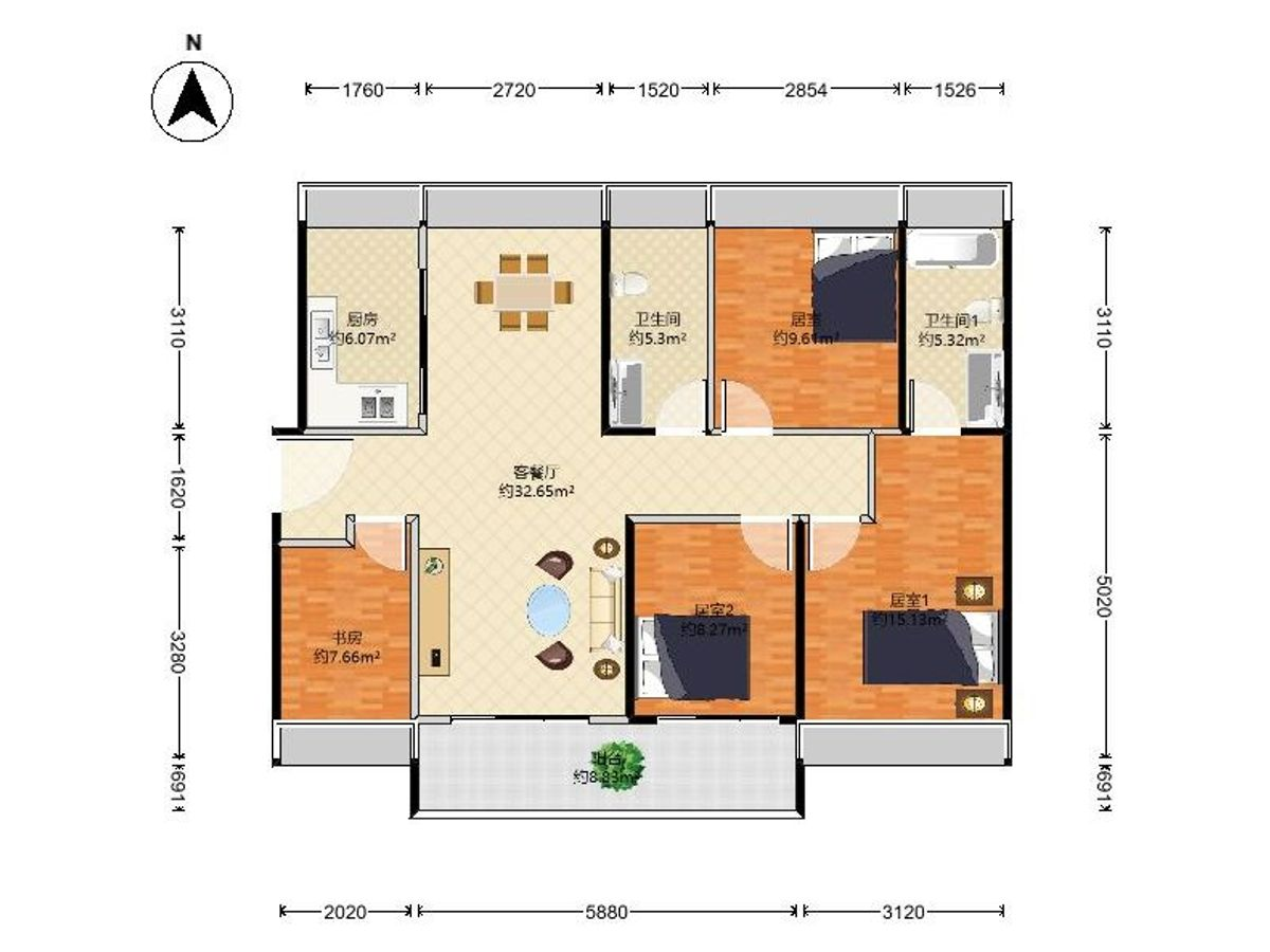 伟城贤德瑞府 4房2厅2卫1厨1阳113.0m² 南