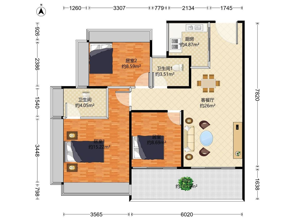 中建观玥名邸 3房2厅2卫1厨1阳89.0m² 东南
