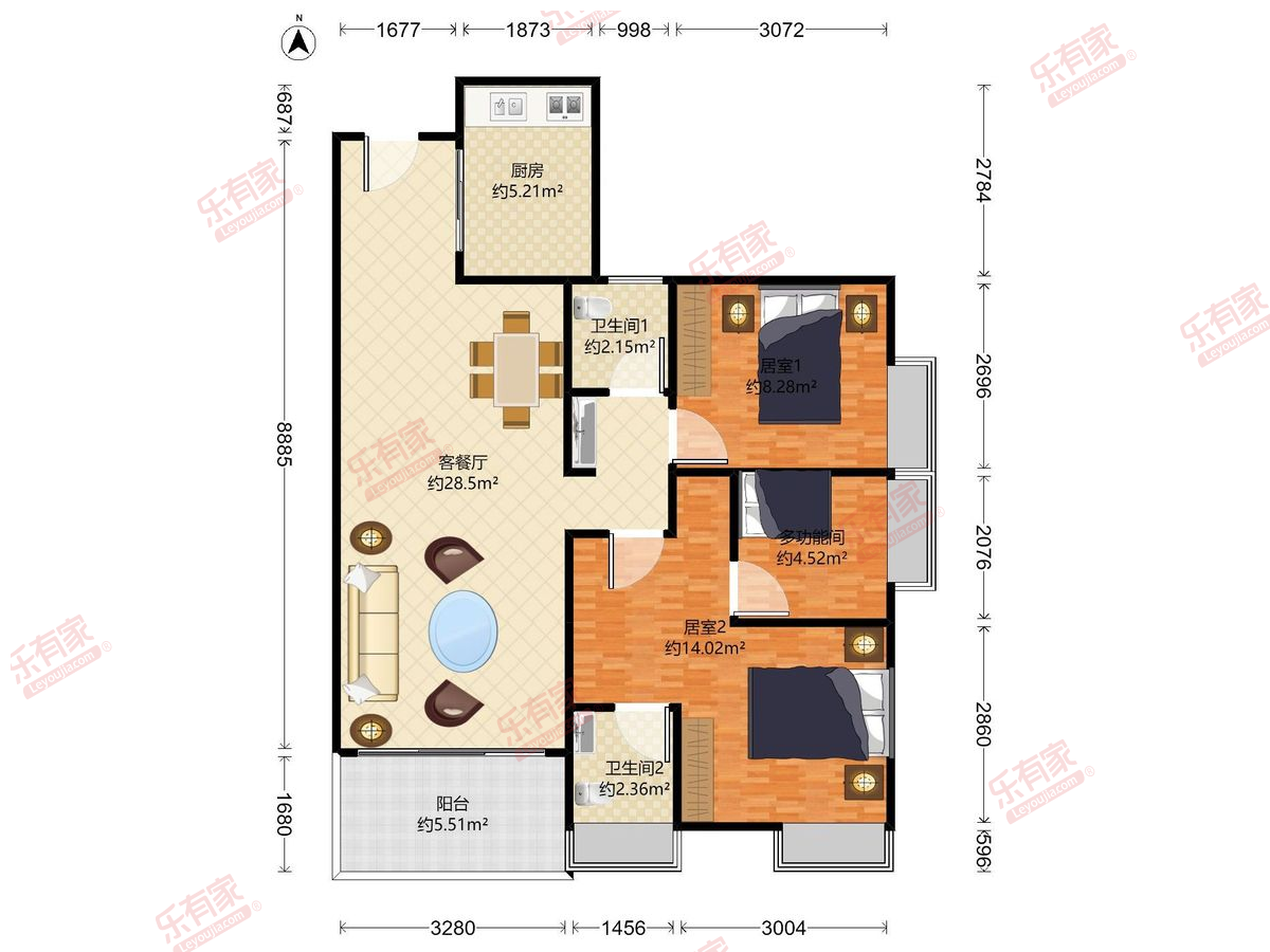 京基云熙阁 2房2厅2卫1厨1阳88.0m² 南