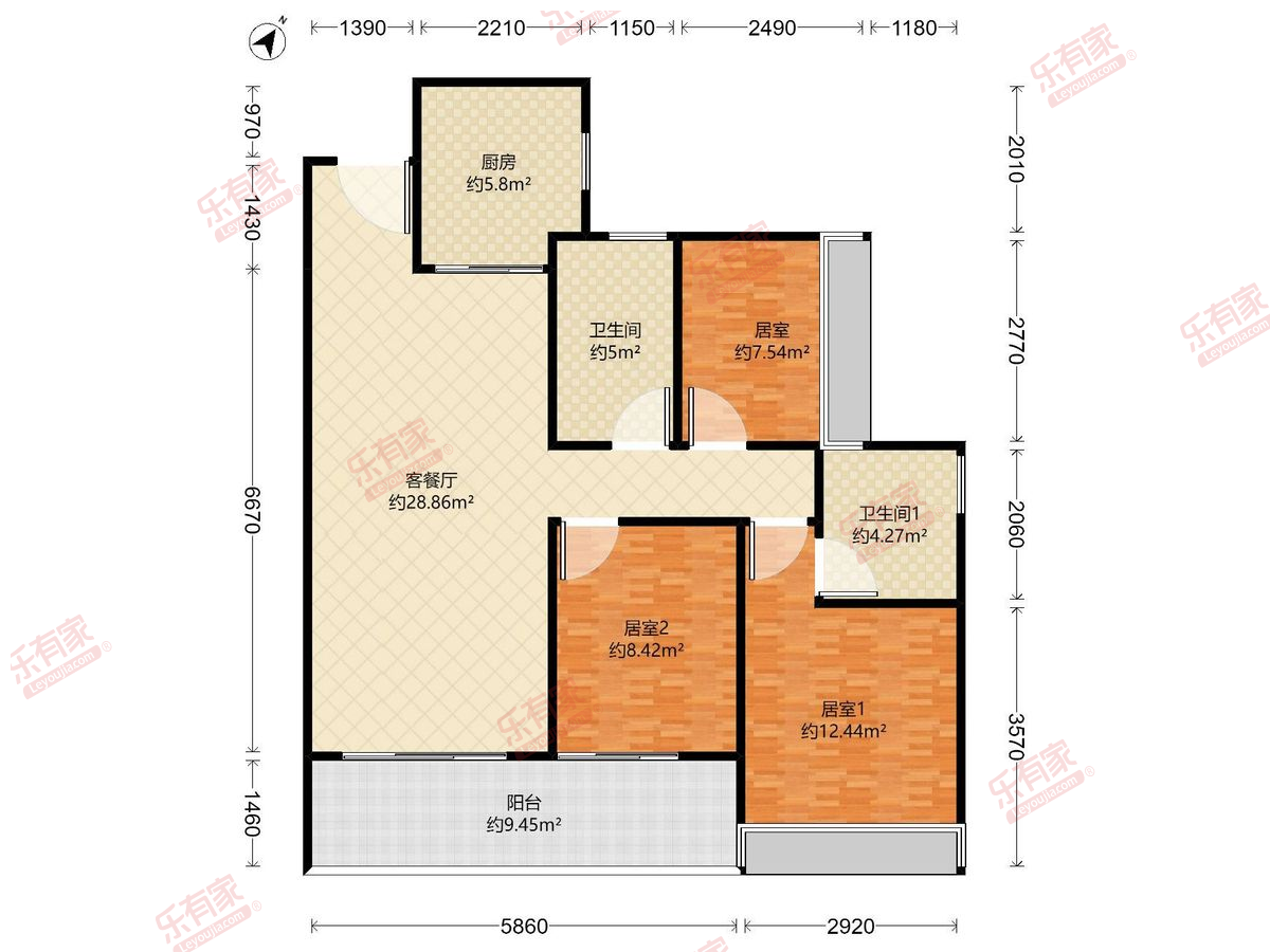一湾臻邸 3房2厅2卫1厨1阳97.0m² 西南