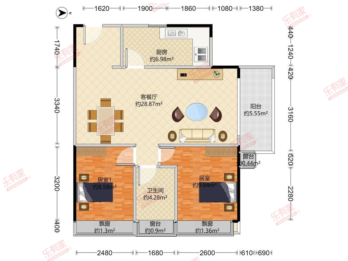 珑逸府 2房2厅1卫1厨1阳76.0m² 北