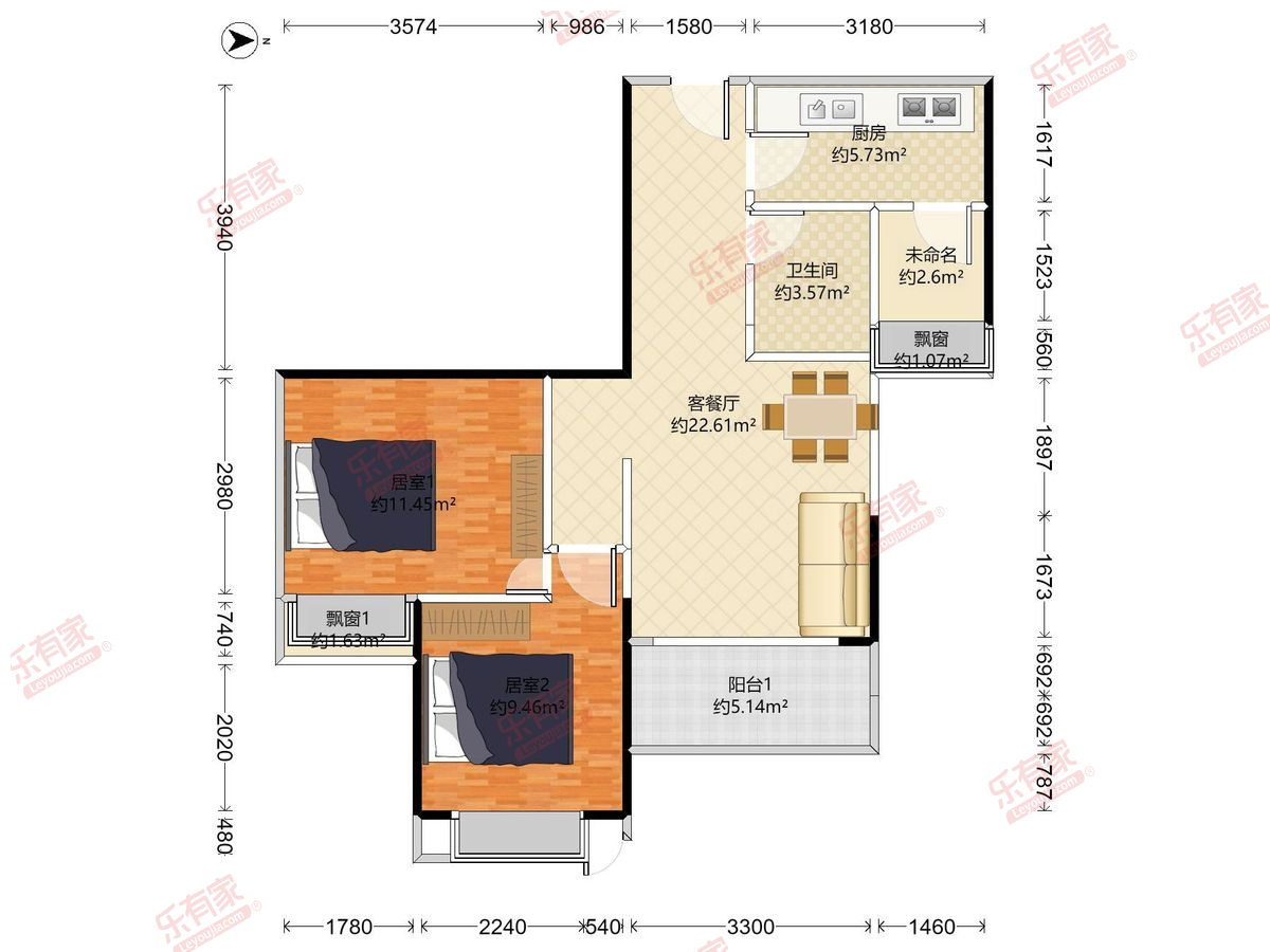 珑逸府 2房2厅1卫1厨1阳78.0m² 东