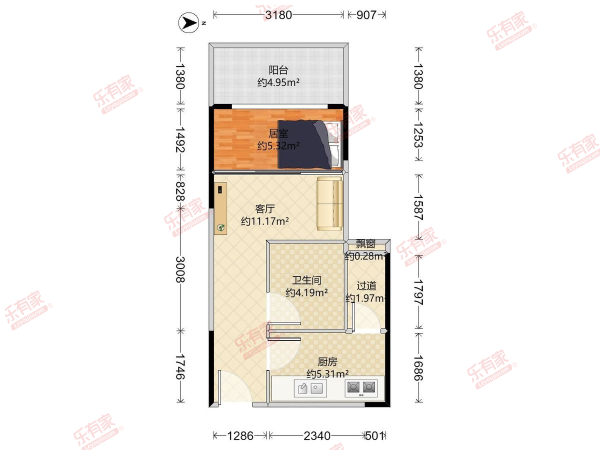 珑逸府 1房2厅1卫1厨1阳42.0m² 东