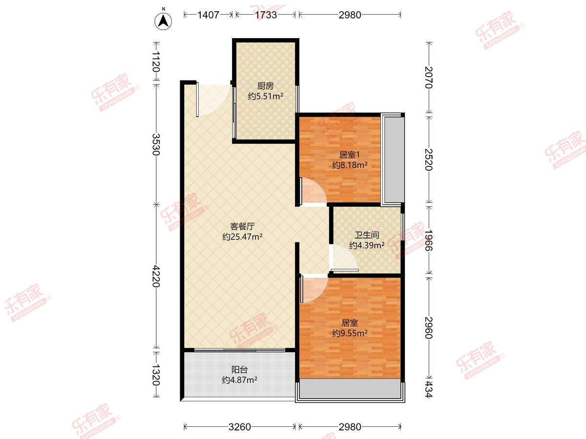 深物业澜湖时代 2房2厅1卫1厨1阳73.0m² 西南