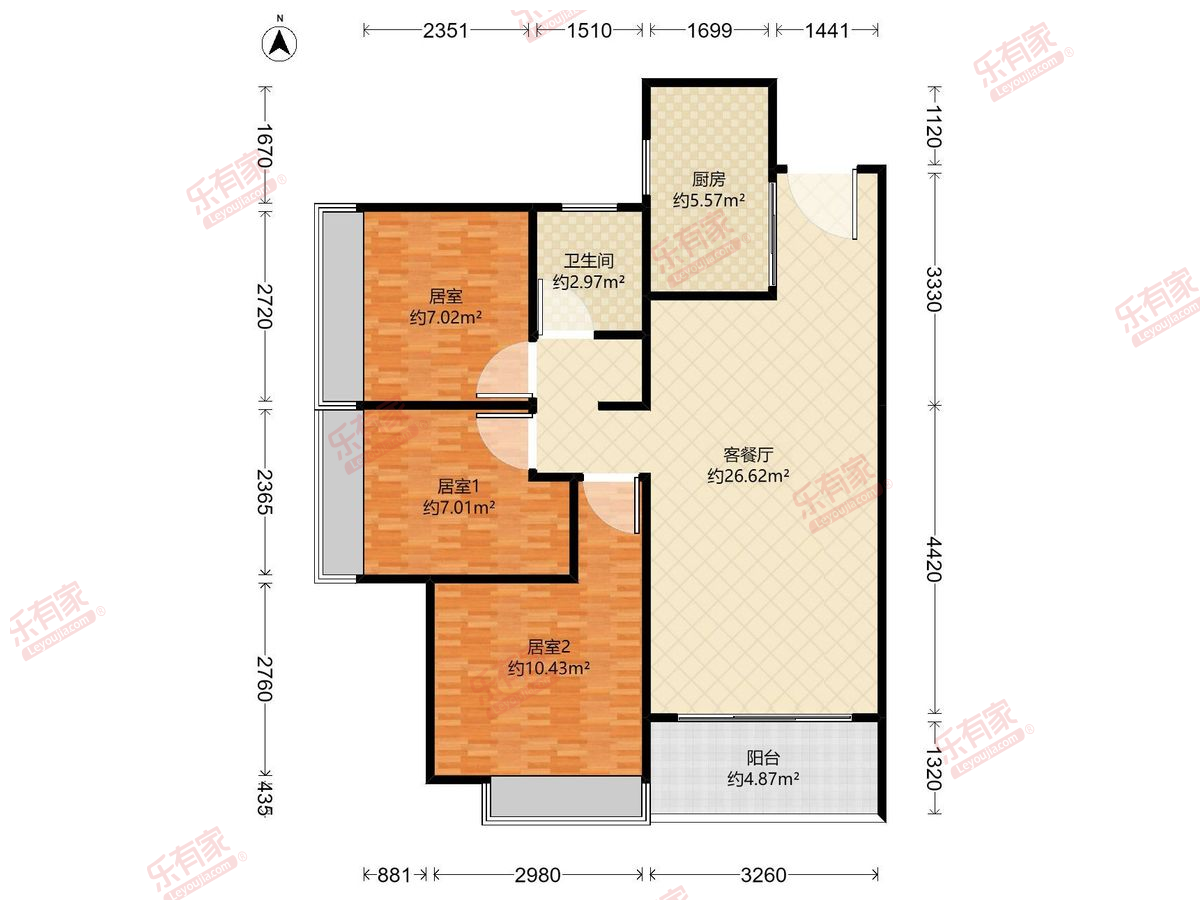 深物业澜湖时代 3房2厅1卫1厨1阳85.0m² 西南