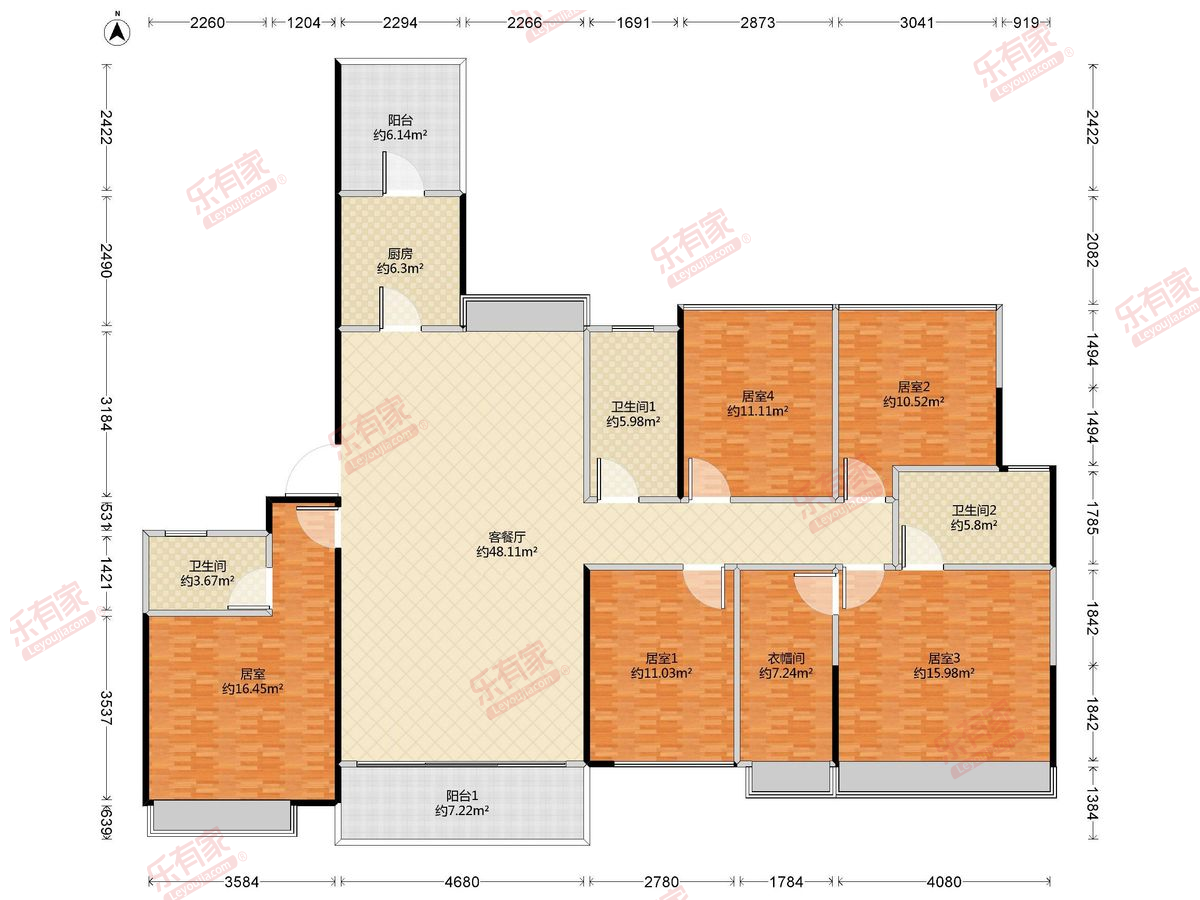 天健阳光花园二期 5房2厅3卫1厨2阳191.41m² 南北