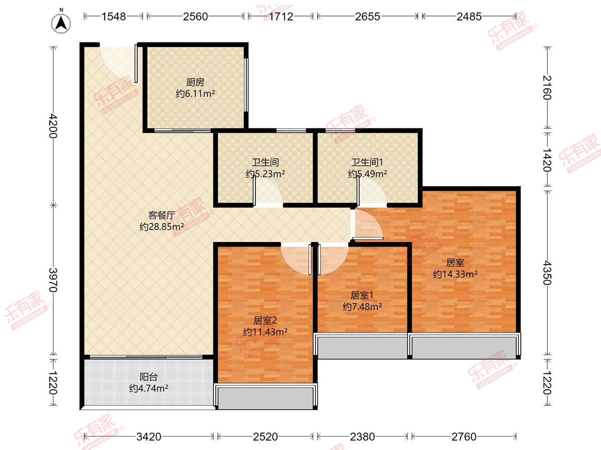 中铁.能建.阅臻府 3房2厅2卫1厨1阳95.0m² 西南