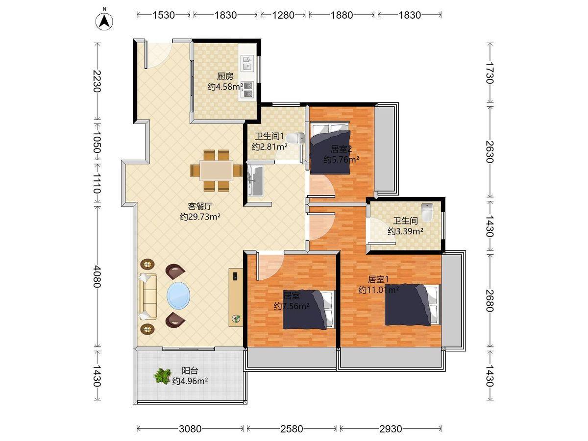 珈誉未来花园 3房2厅2卫1厨1阳84.0m² 南