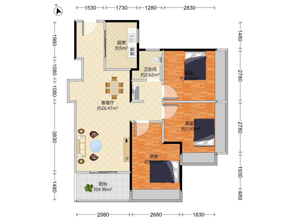 珈誉未来花园 3房2厅1卫1厨1阳75.0m² 西南