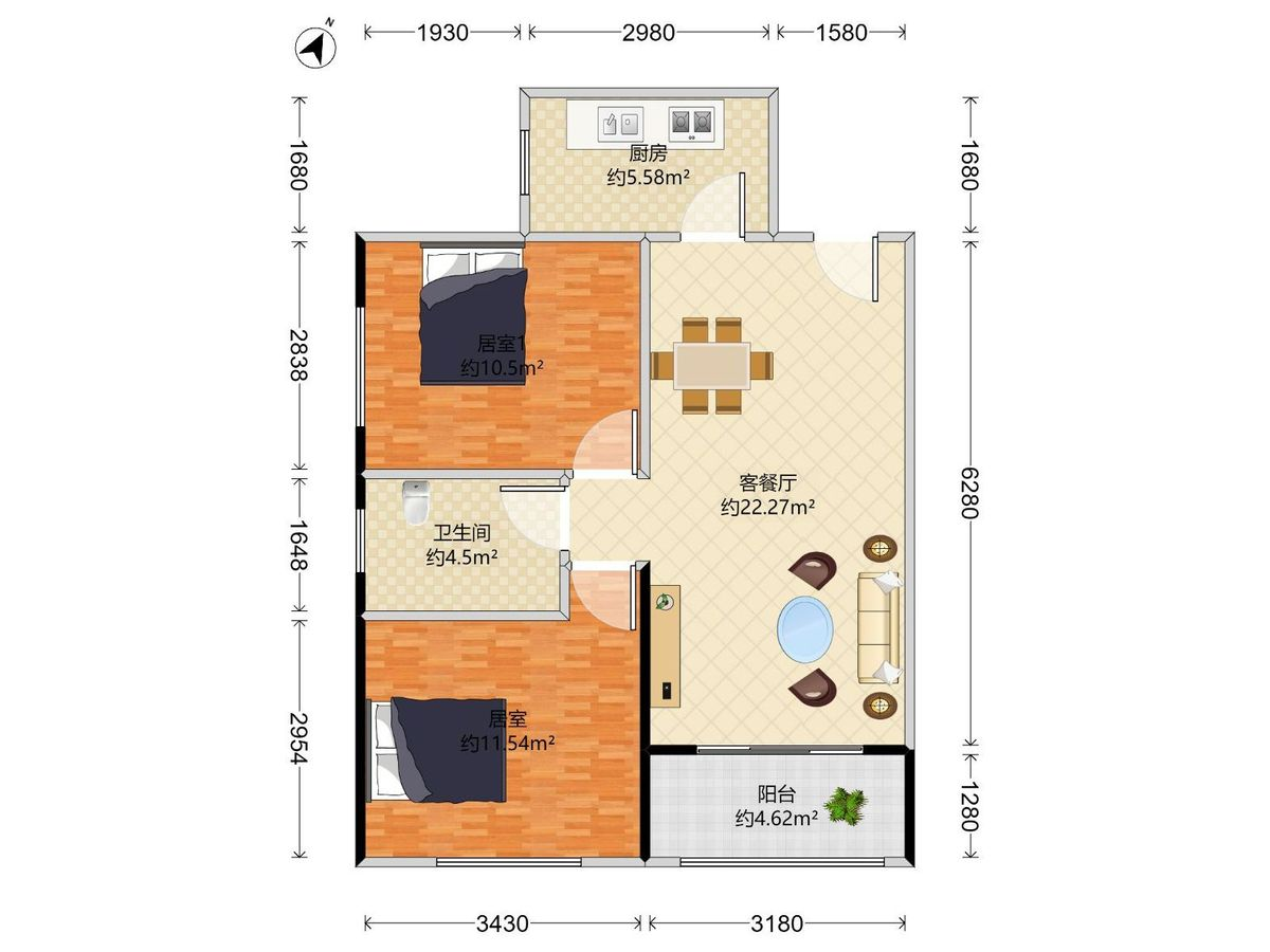 大悦铂悦苑 2房2厅1卫1厨1阳83.68m² 东南