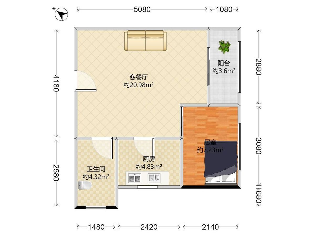 大悦铂悦苑 1房2厅1卫1厨1阳61.3m² 东南