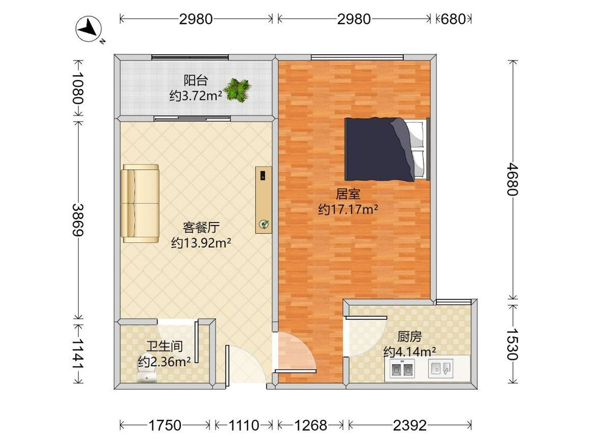 大悦铂悦苑 1房2厅1卫1厨1阳58.38m² 西南