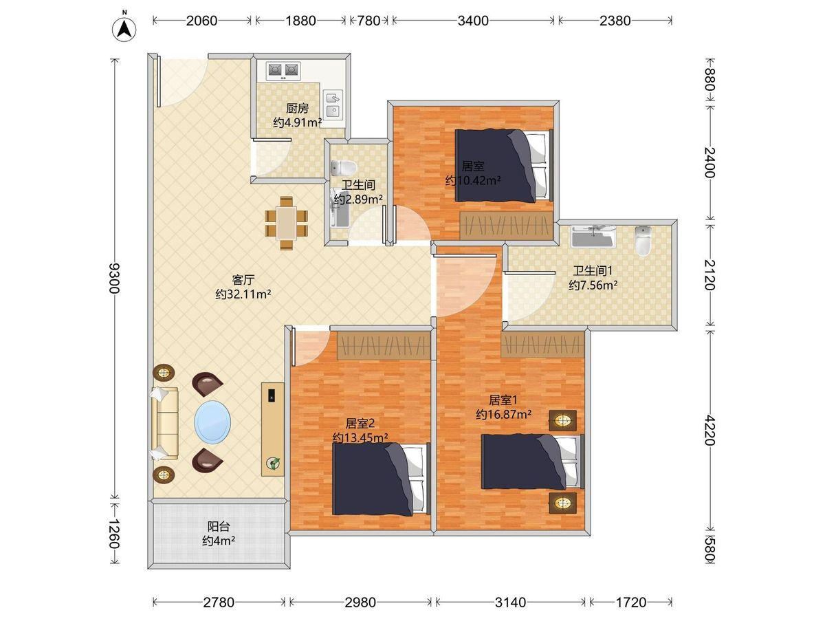 盛境瑞府 3房1厅2卫1厨1阳87.0m² 南