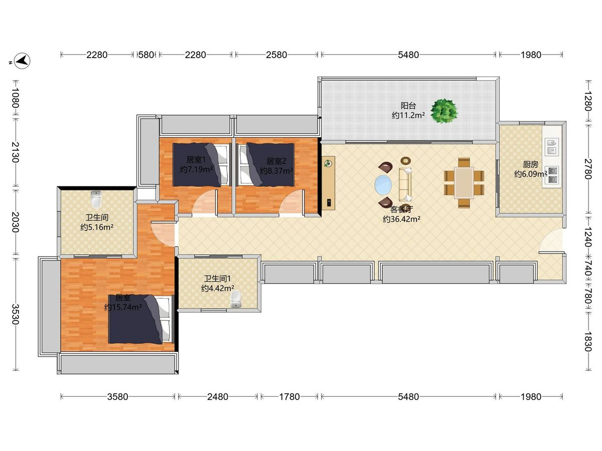 润臻园3房2厅2卫1厨1阳89.0m²东南