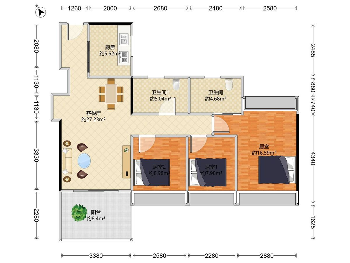 润臻园3房2厅2卫1厨1阳89.0m²西南