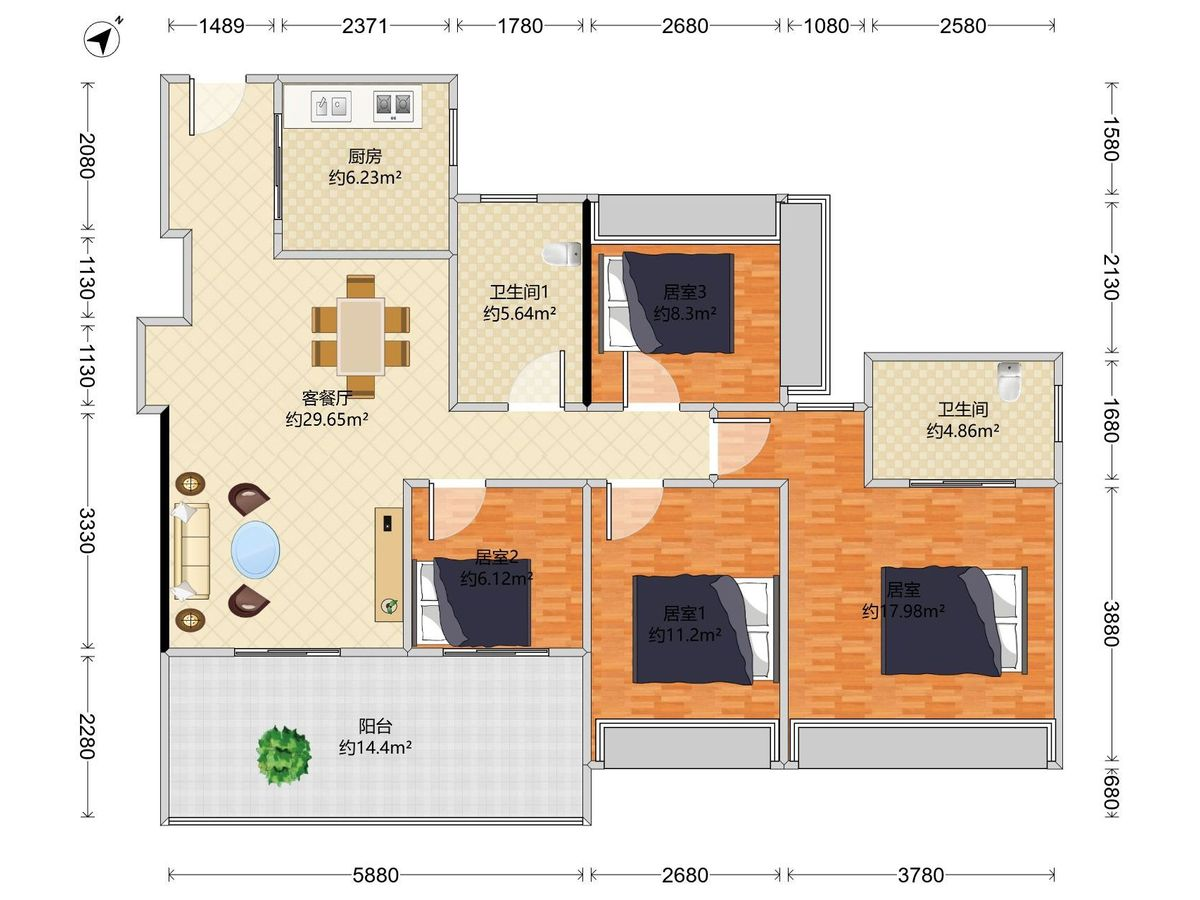 润臻园4房2厅2卫1厨1阳108.0m²东南1